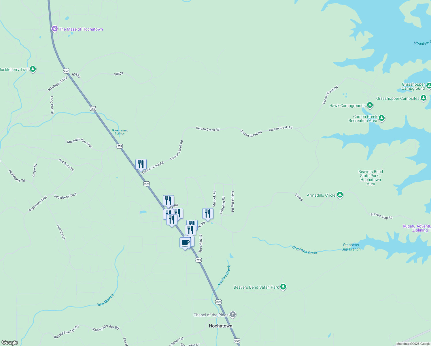 map of restaurants, bars, coffee shops, grocery stores, and more near Elm Street in Broken Bow