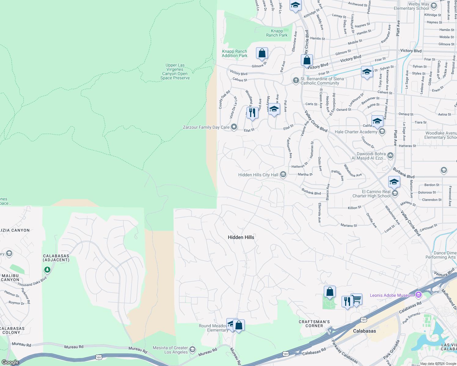 map of restaurants, bars, coffee shops, grocery stores, and more near 24877 Eldorado Meadow Road in Hidden Hills