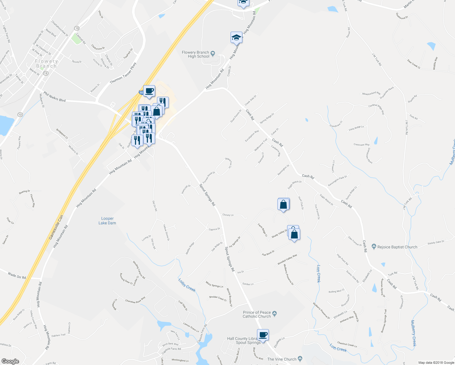 map of restaurants, bars, coffee shops, grocery stores, and more near 6143 Spout Springs Road in Flowery Branch