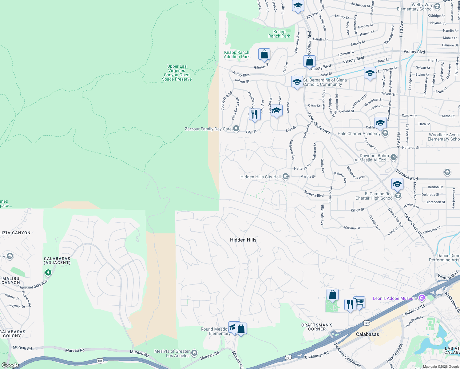 map of restaurants, bars, coffee shops, grocery stores, and more near 24877 Eldorado Meadow Road in Hidden Hills