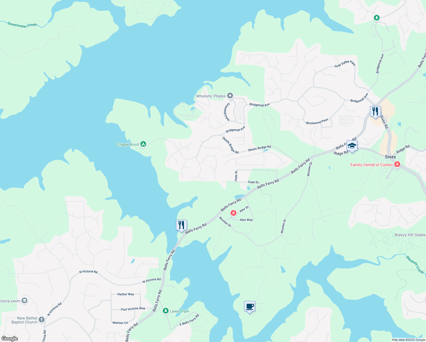 map of restaurants, bars, coffee shops, grocery stores, and more near 401 Azalea Cove in Canton