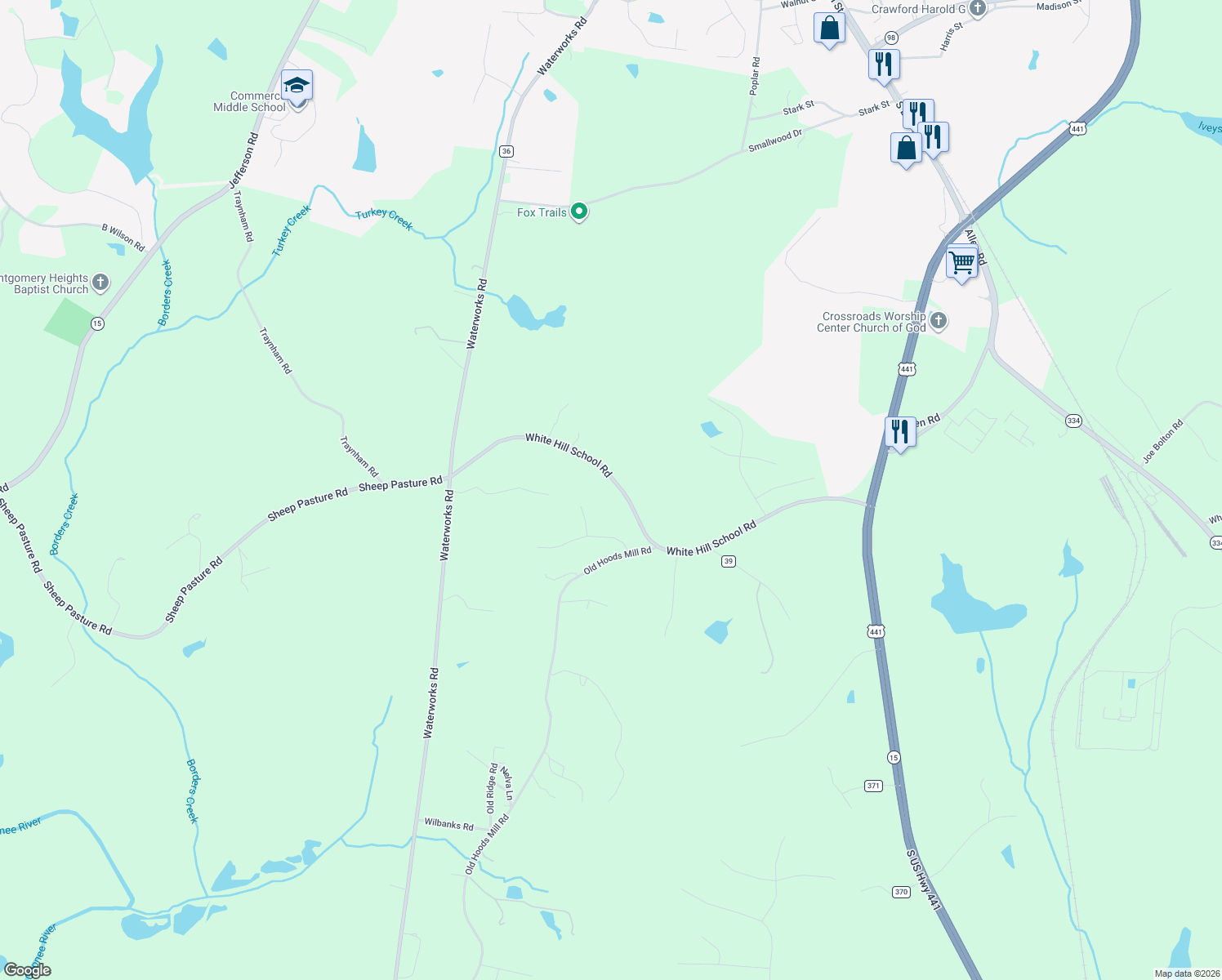 map of restaurants, bars, coffee shops, grocery stores, and more near 1008 White Hill School Road in Commerce