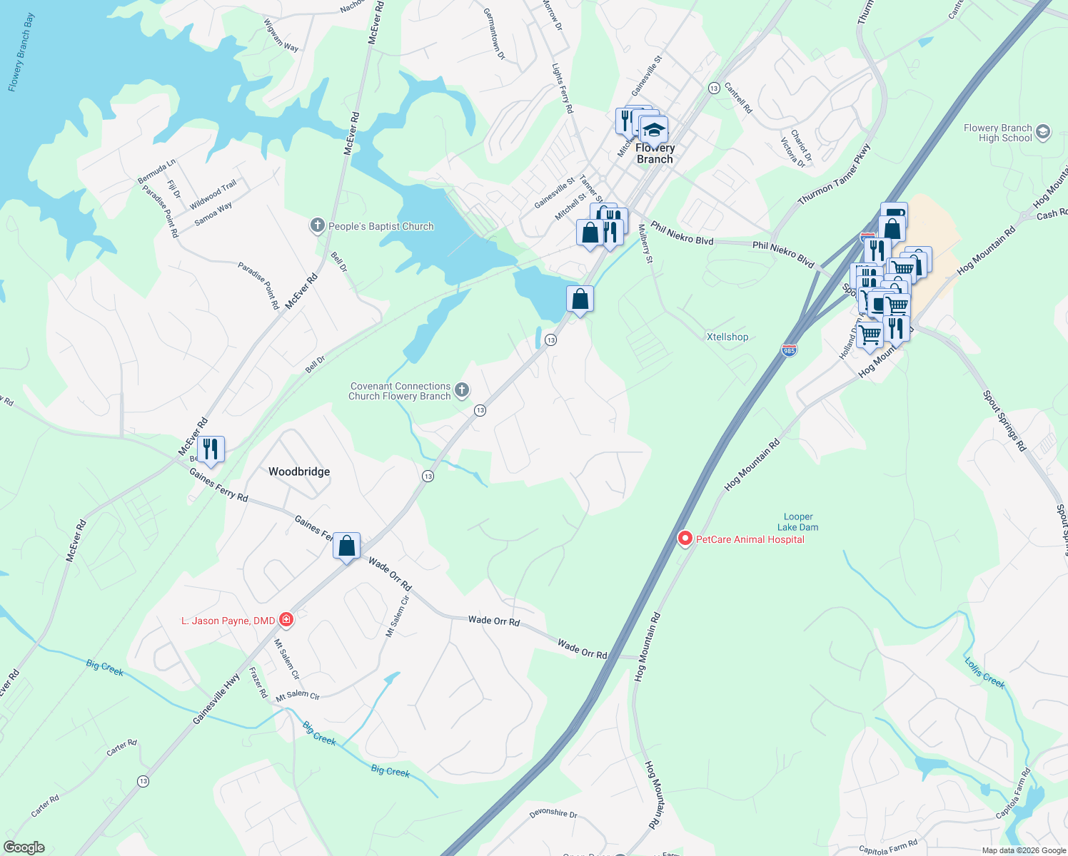 map of restaurants, bars, coffee shops, grocery stores, and more near 5906 Norton Cir in Flowery Branch