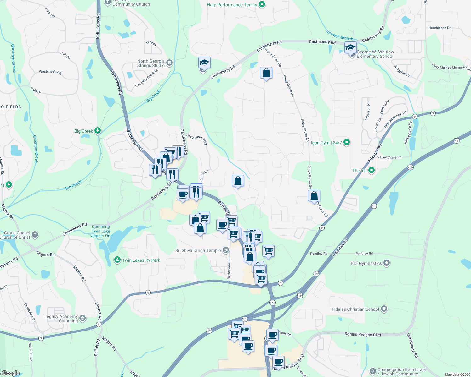 map of restaurants, bars, coffee shops, grocery stores, and more near 6360 Whirlaway Drive in Cumming