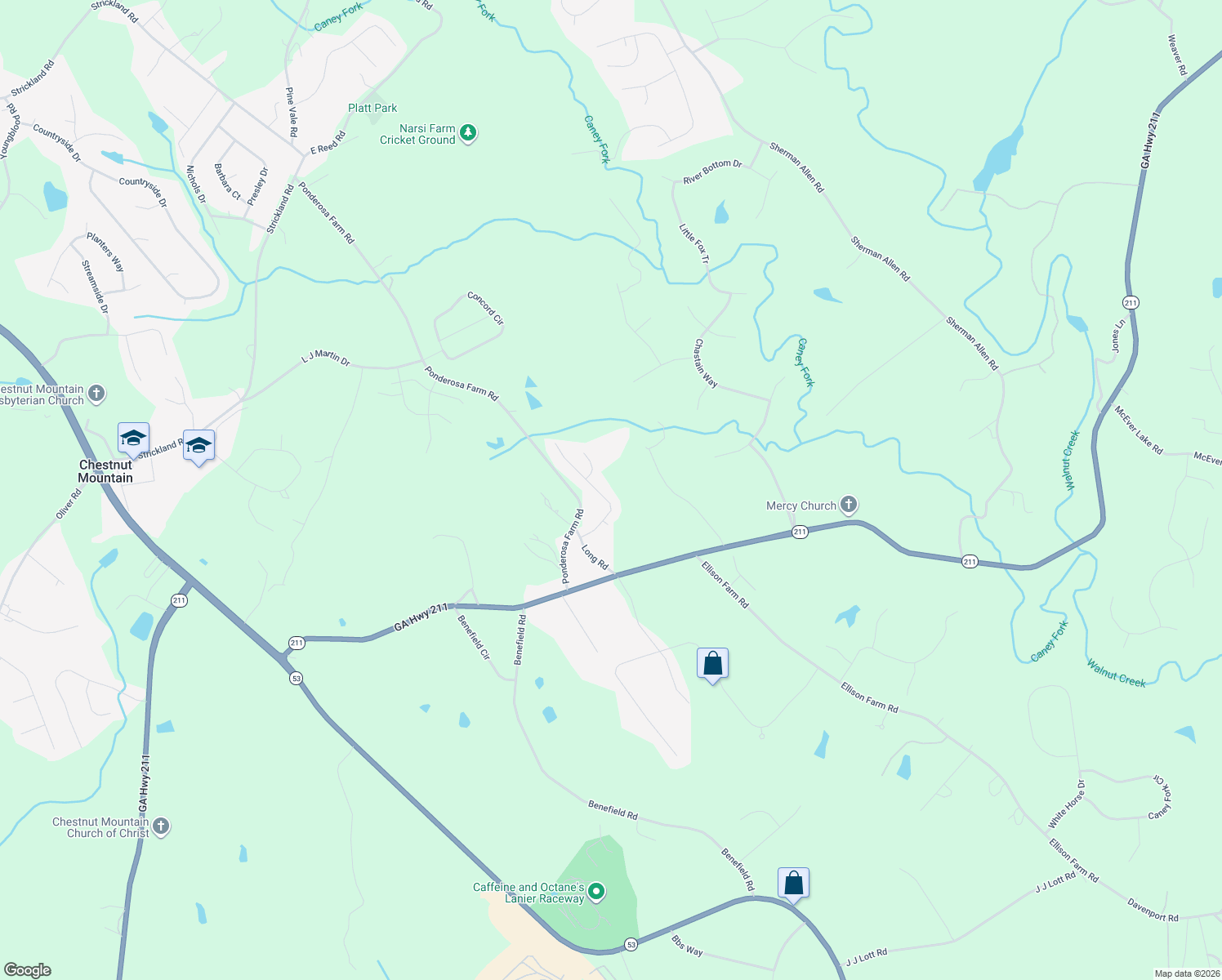 map of restaurants, bars, coffee shops, grocery stores, and more near 4040 Churchill Downs Drive in Gainesville