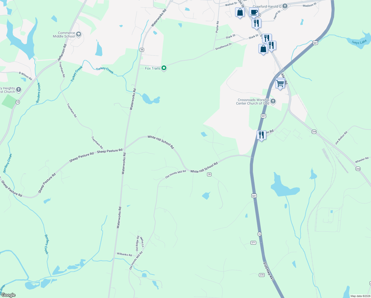 map of restaurants, bars, coffee shops, grocery stores, and more near 1008 White Hill School Road in Commerce