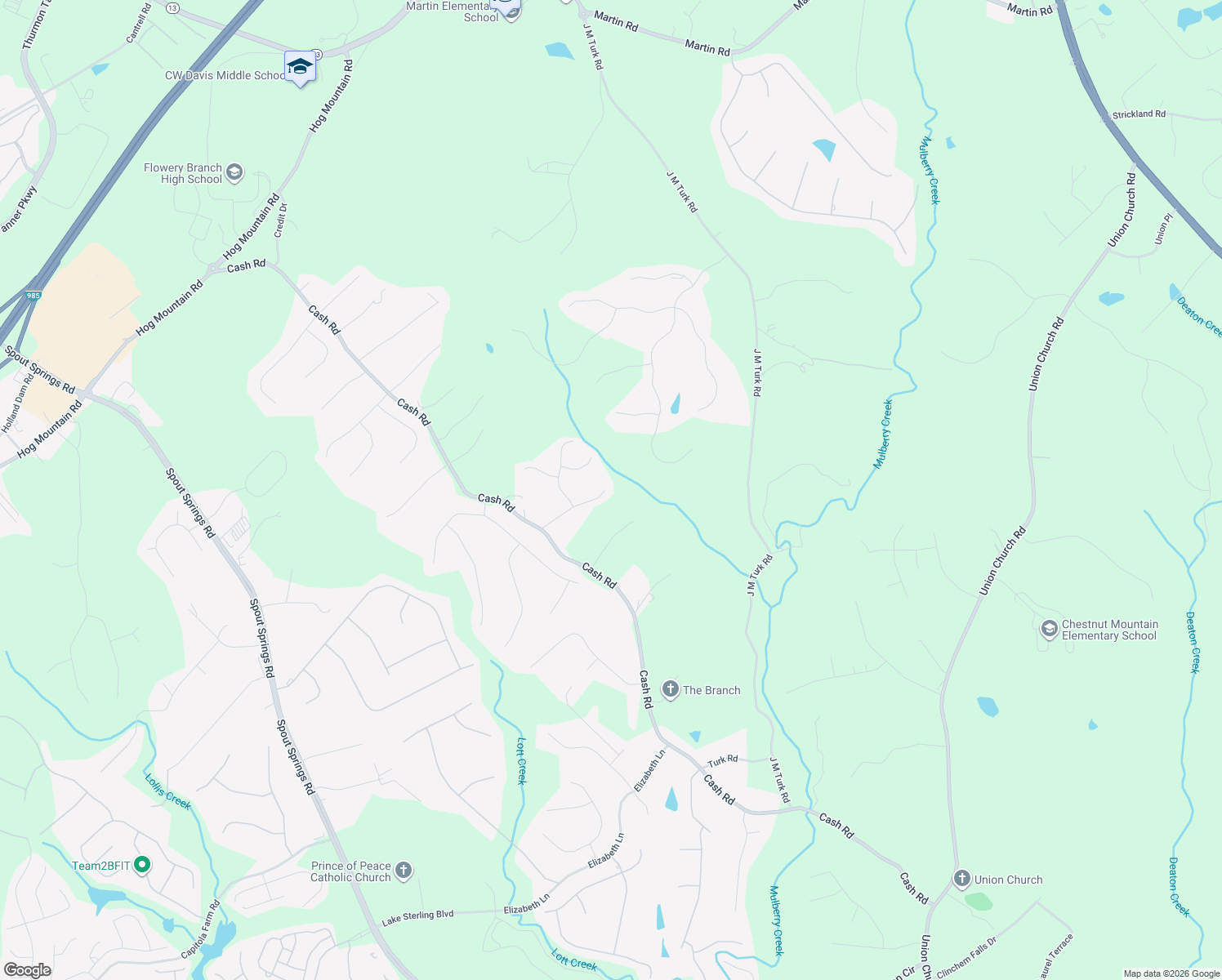 map of restaurants, bars, coffee shops, grocery stores, and more near 4940 Kensington Park Drive in Flowery Branch