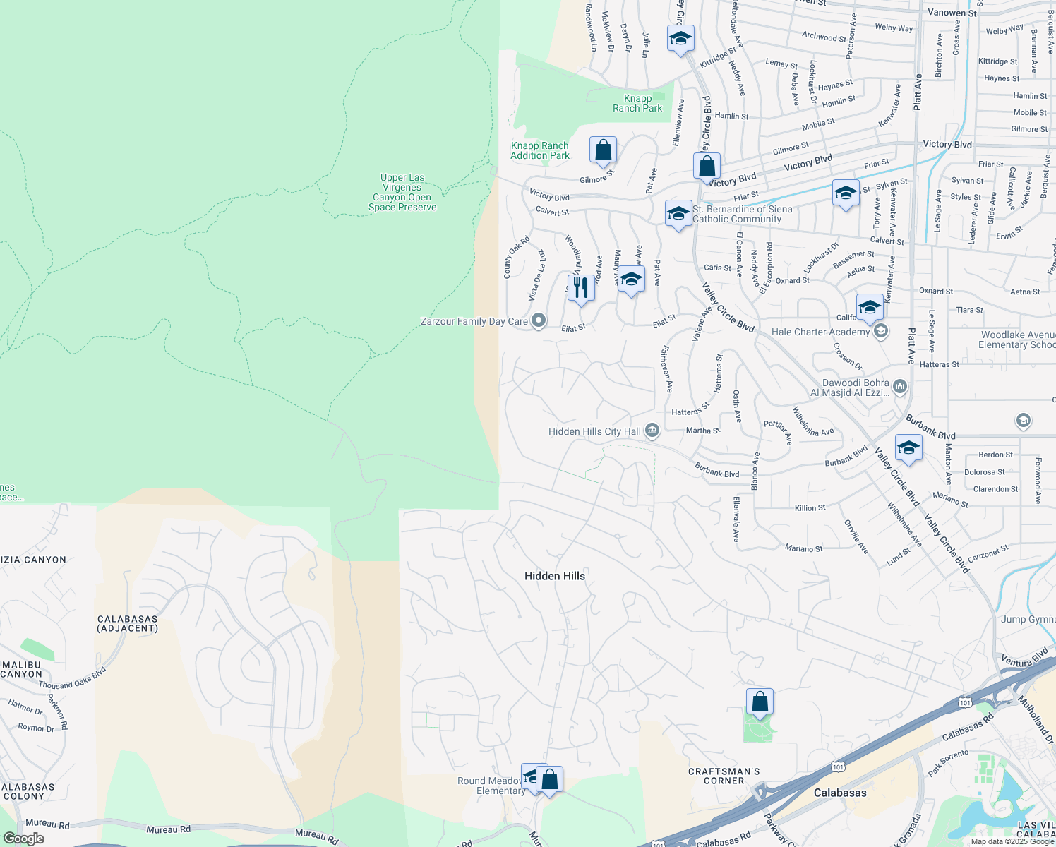 map of restaurants, bars, coffee shops, grocery stores, and more near 24901 Eldorado Meadow Road in Hidden Hills