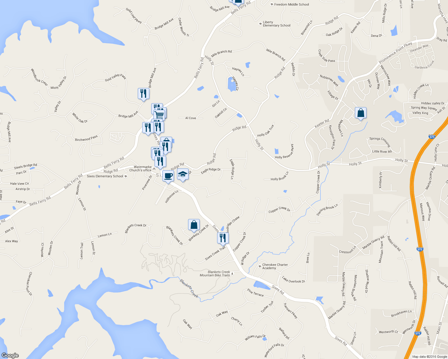 map of restaurants, bars, coffee shops, grocery stores, and more near 307 Golden Court in Canton