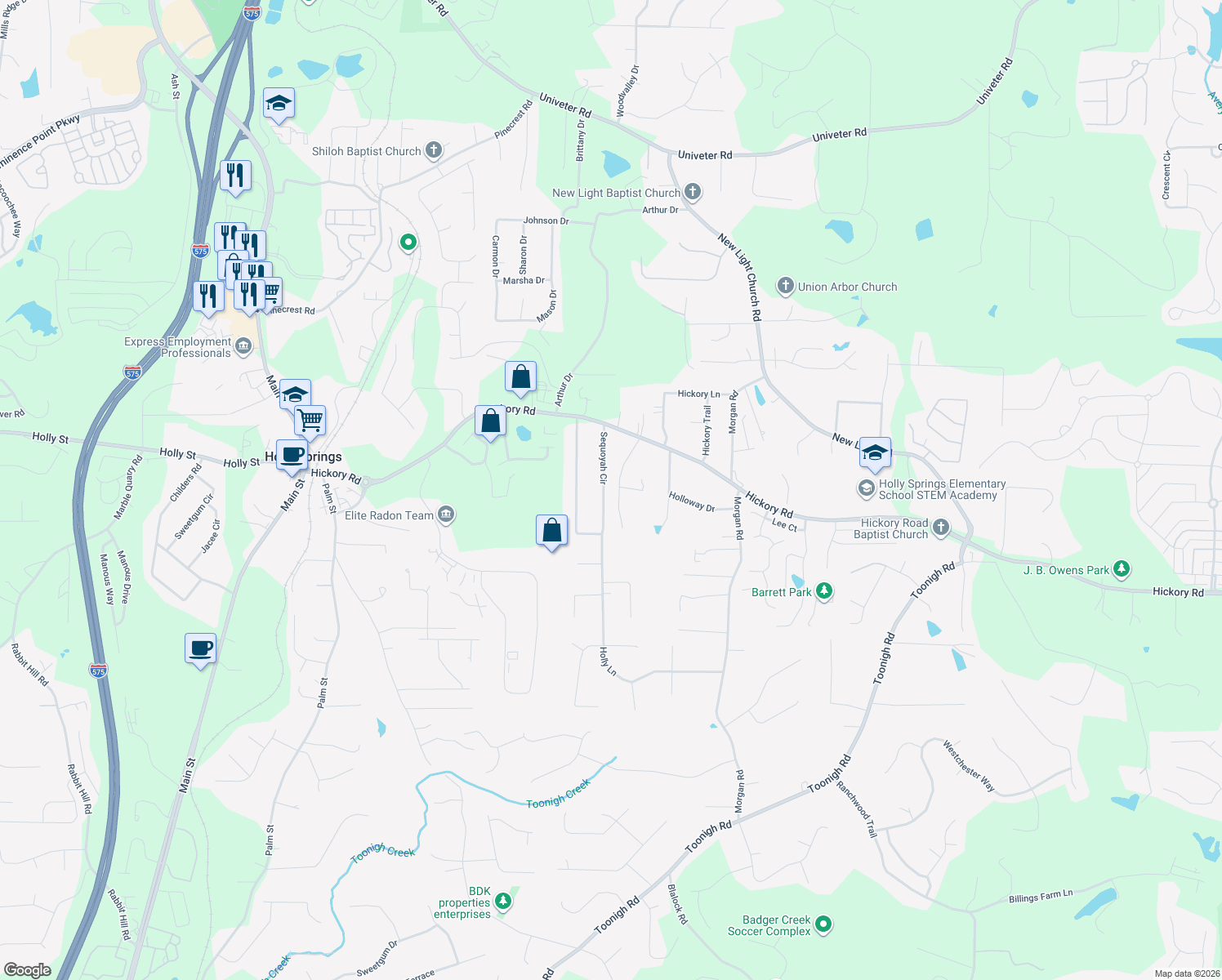 map of restaurants, bars, coffee shops, grocery stores, and more near 153 Sequoyah Cir in Canton