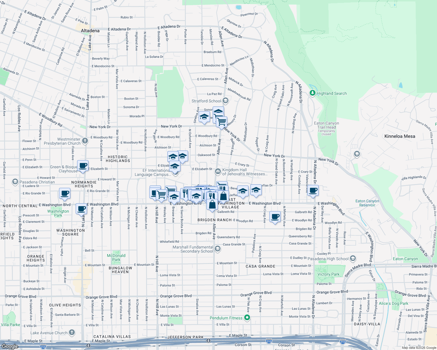 map of restaurants, bars, coffee shops, grocery stores, and more near 1540 Allen Avenue in Pasadena