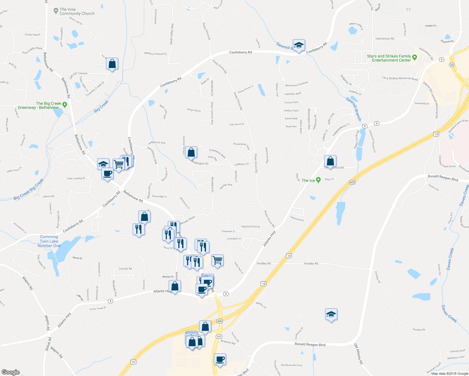 map of restaurants, bars, coffee shops, grocery stores, and more near 5830 Sterling Court in Cumming