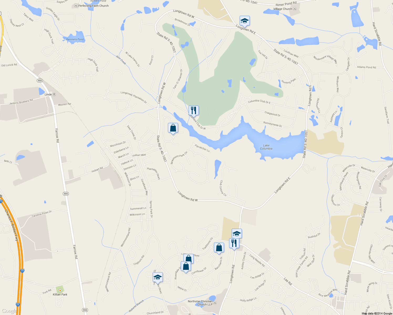 map of restaurants, bars, coffee shops, grocery stores, and more near 65 Fish Hook Ct in Blythewood