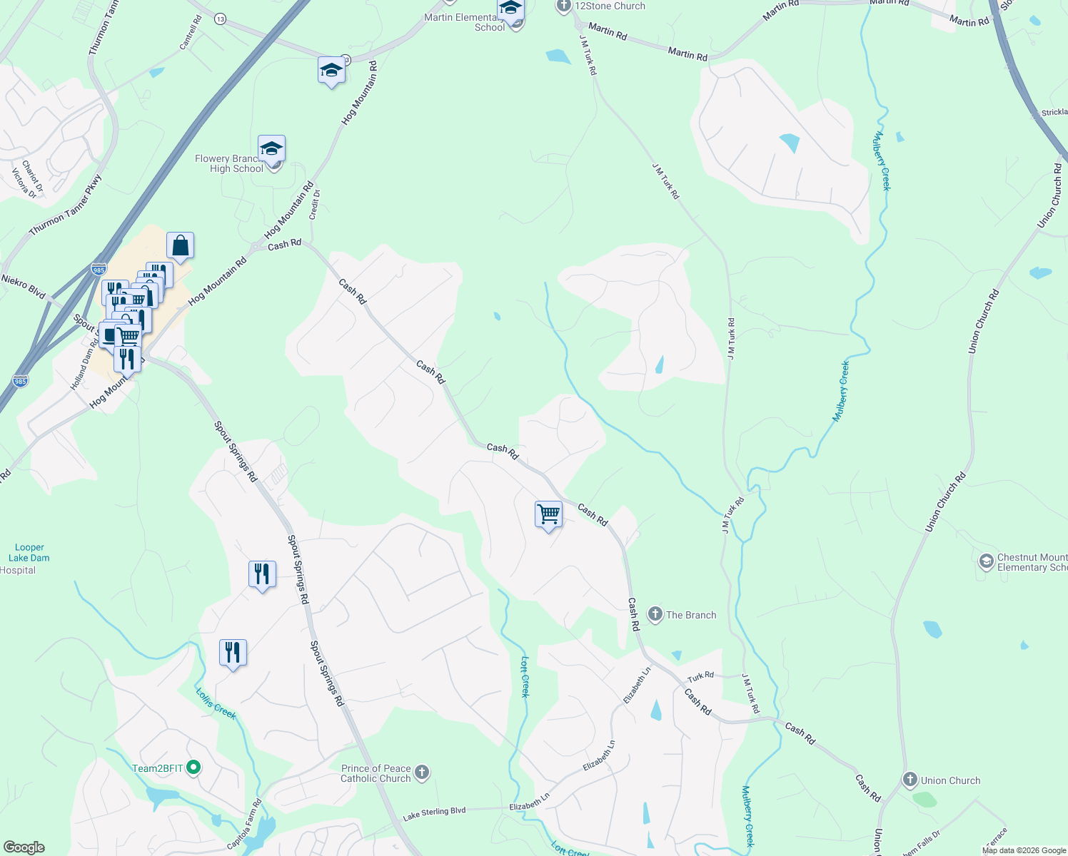 map of restaurants, bars, coffee shops, grocery stores, and more near 5035 Pristine Point in Flowery Branch