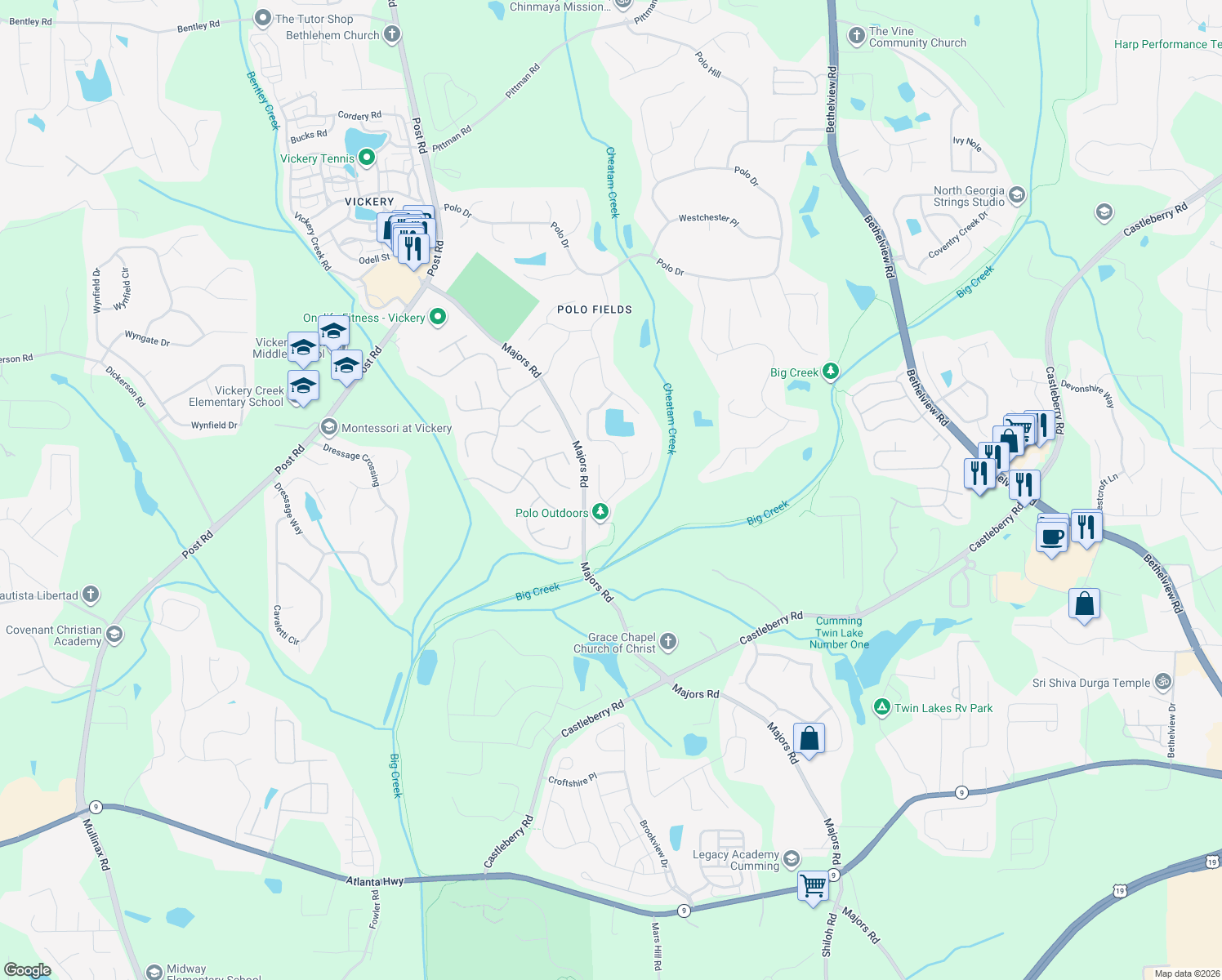 map of restaurants, bars, coffee shops, grocery stores, and more near 6725 Lancaster Cir in Cumming