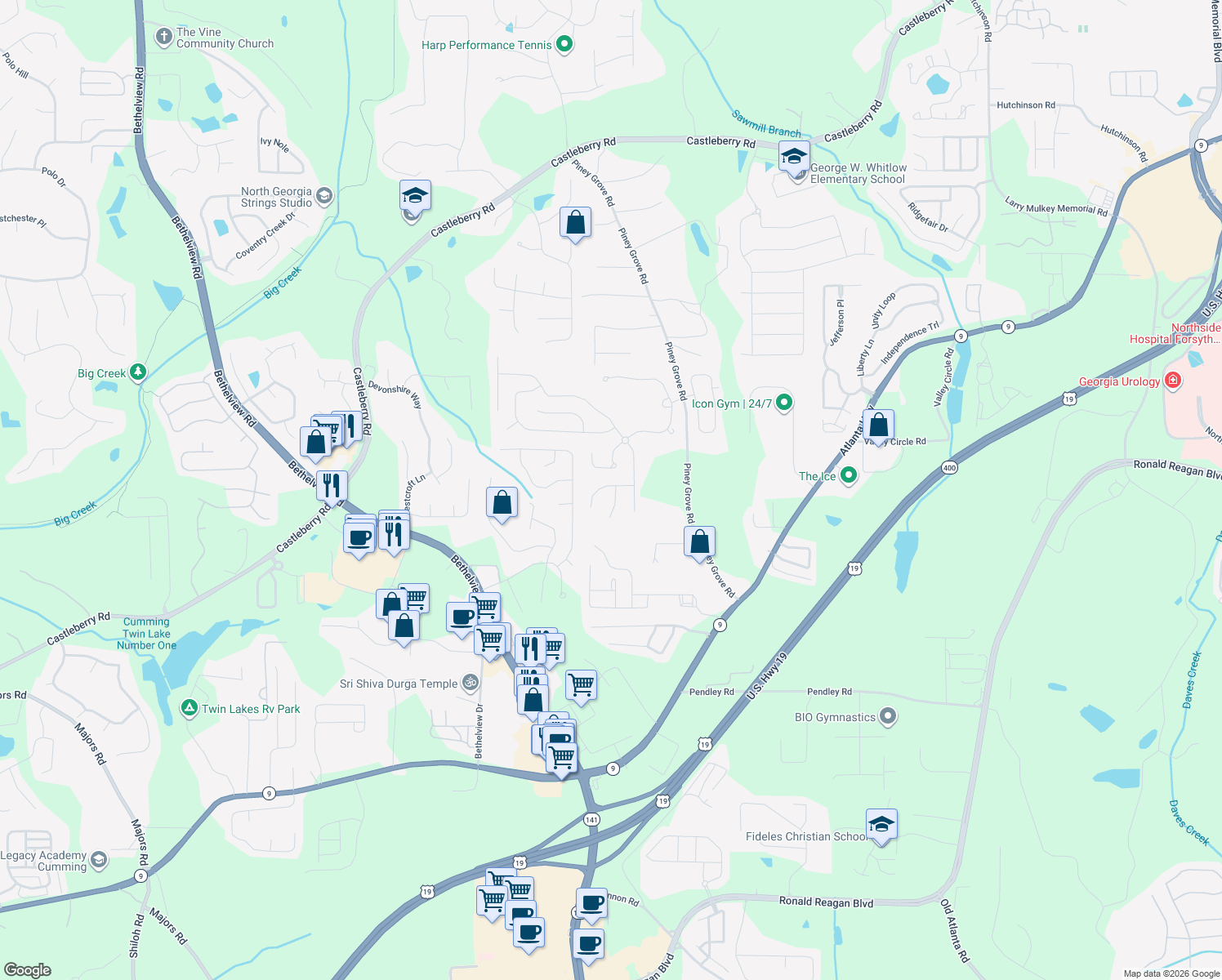 map of restaurants, bars, coffee shops, grocery stores, and more near 5910 Ellington Cove in Cumming