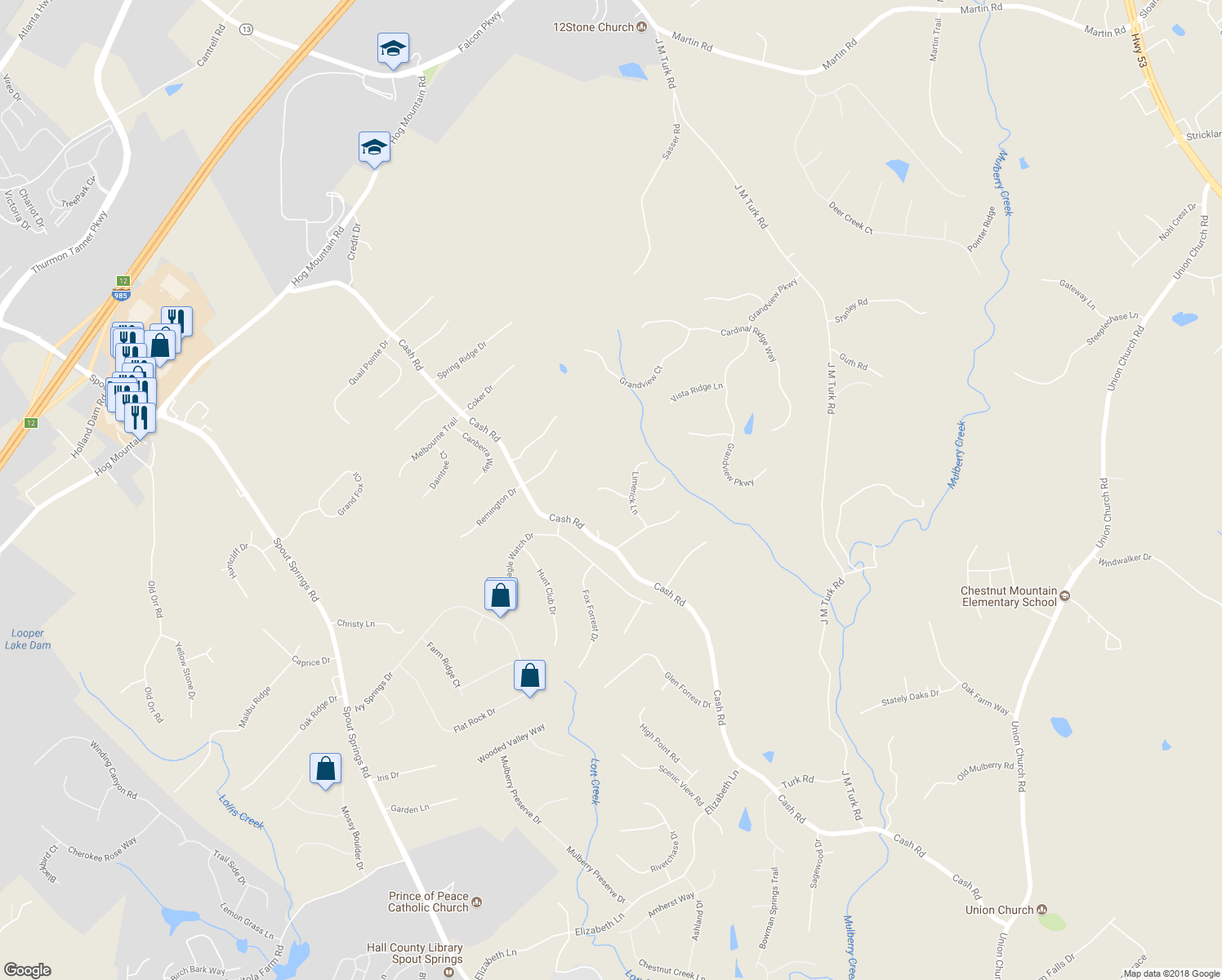 map of restaurants, bars, coffee shops, grocery stores, and more near 5299 Pristine Point in Flowery Branch