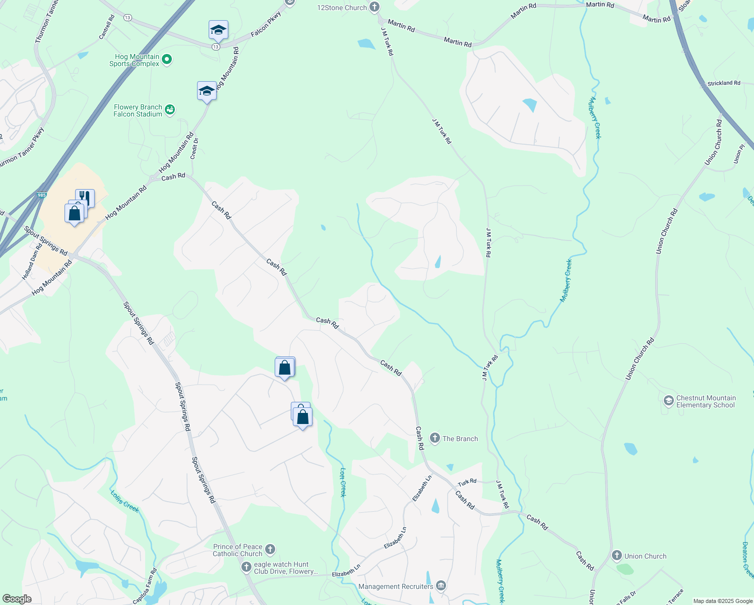 map of restaurants, bars, coffee shops, grocery stores, and more near Lancashire Court in Flowery Branch