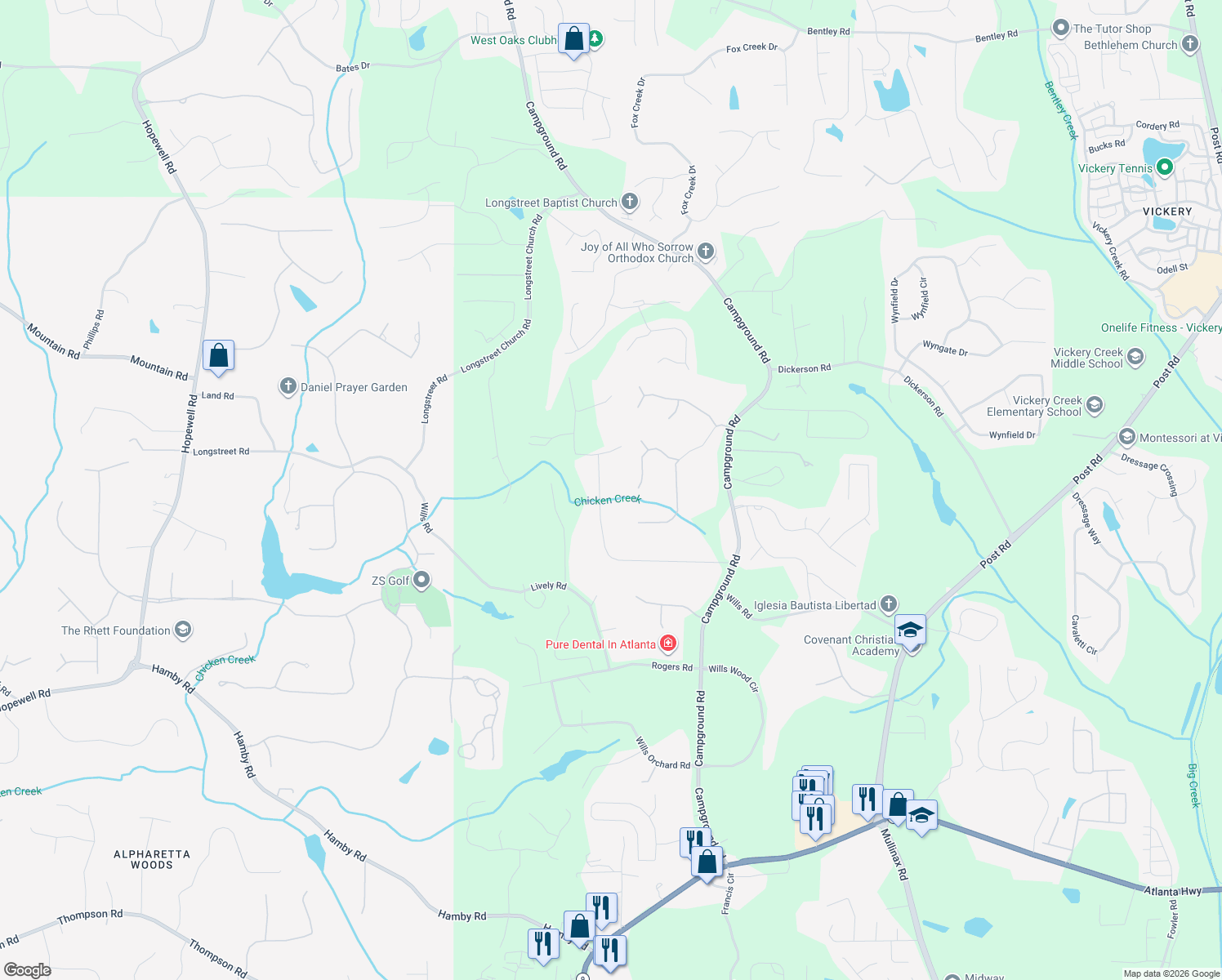 map of restaurants, bars, coffee shops, grocery stores, and more near 6302 Valley Stream Dr in Cumming