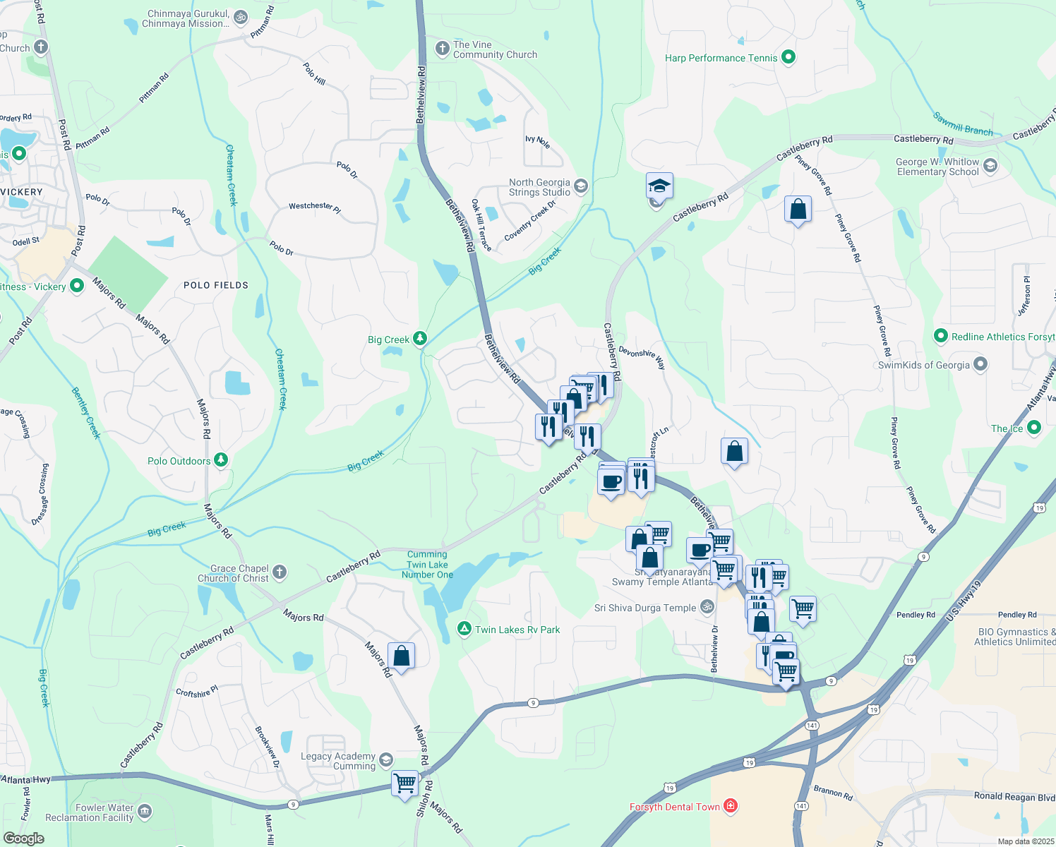 map of restaurants, bars, coffee shops, grocery stores, and more near 6330 Beaver Crossing Drive in Cumming