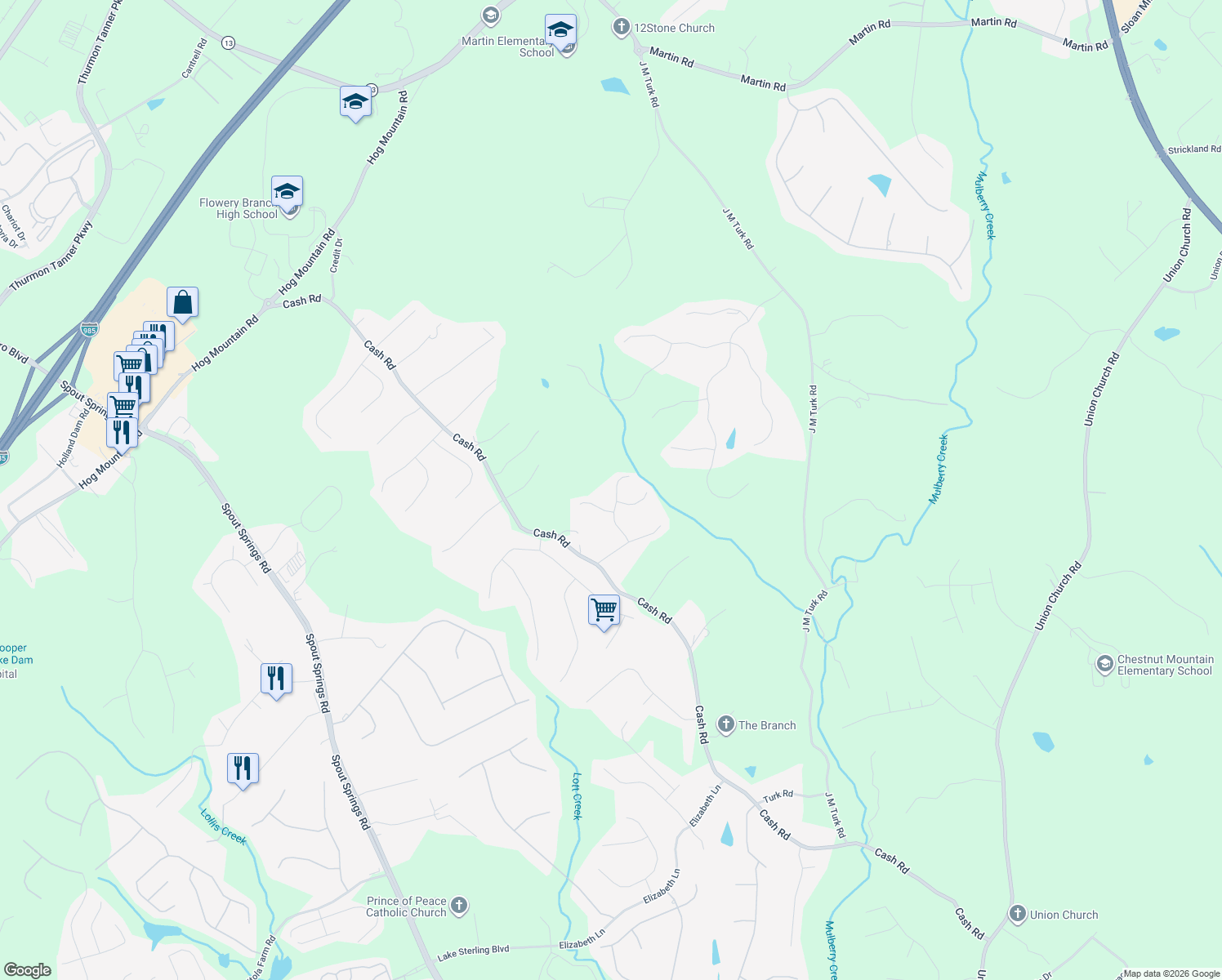 map of restaurants, bars, coffee shops, grocery stores, and more near 5075 Limerick Lane in Flowery Branch