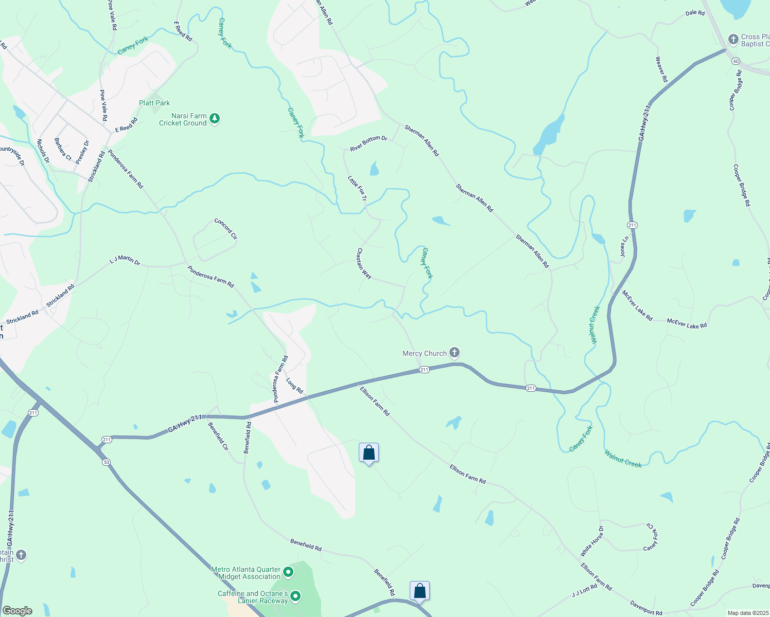map of restaurants, bars, coffee shops, grocery stores, and more near 5506 Woodstream Court in Gainesville
