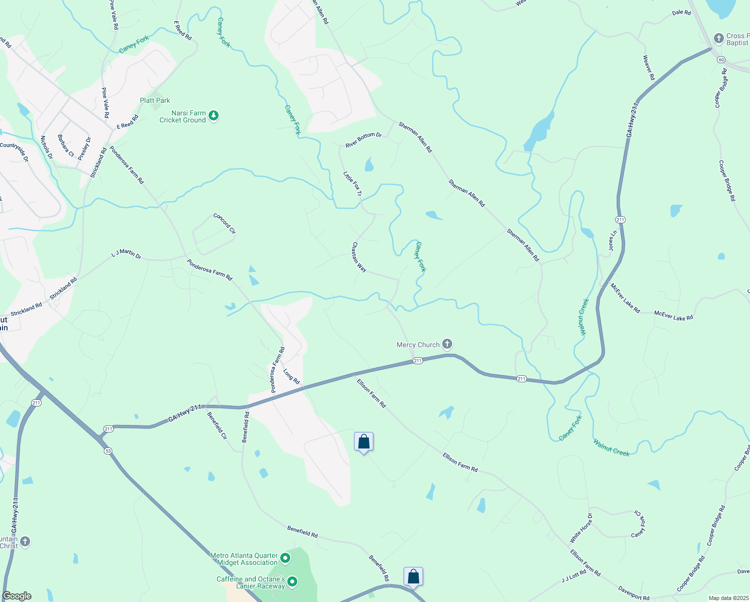 map of restaurants, bars, coffee shops, grocery stores, and more near 5506 Woodstream Court in Gainesville