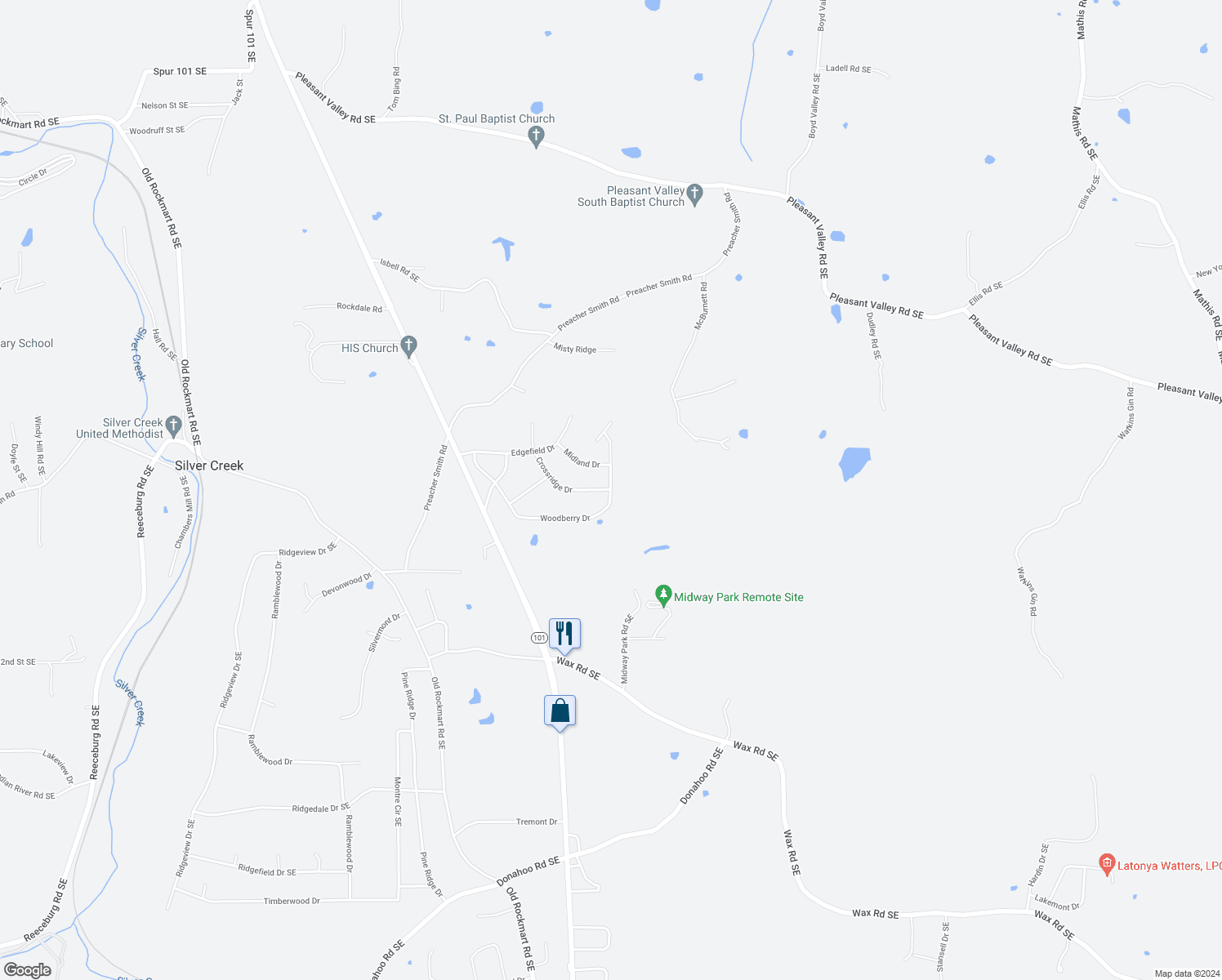 map of restaurants, bars, coffee shops, grocery stores, and more near Woodberry Dr & Crossridge Dr SE in Silver Creek