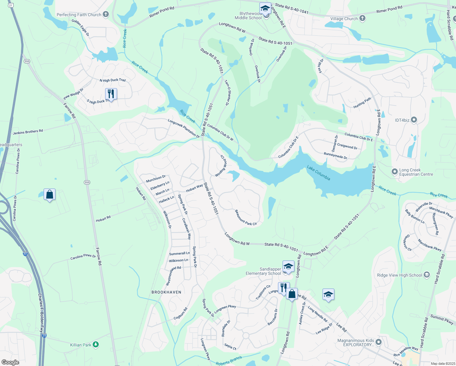 map of restaurants, bars, coffee shops, grocery stores, and more near 12 Crescent Lake Court in Blythewood