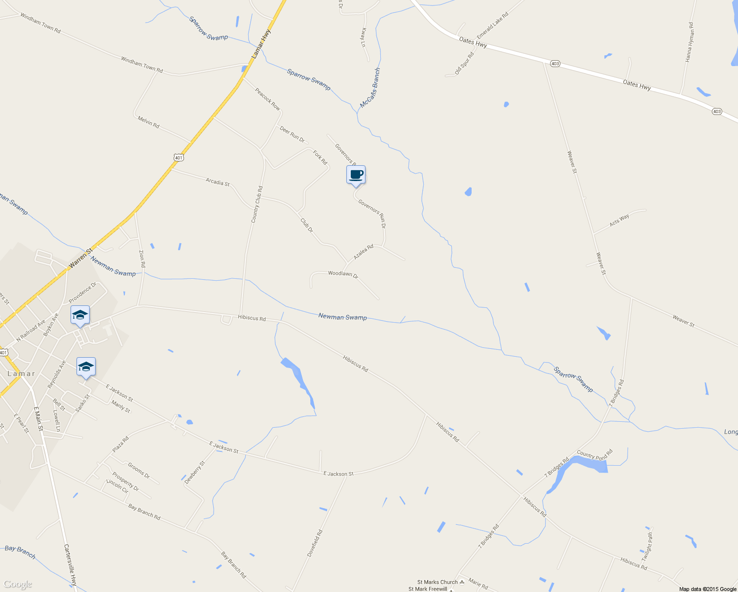 map of restaurants, bars, coffee shops, grocery stores, and more near 920 Woodlawn Drive in Lamar