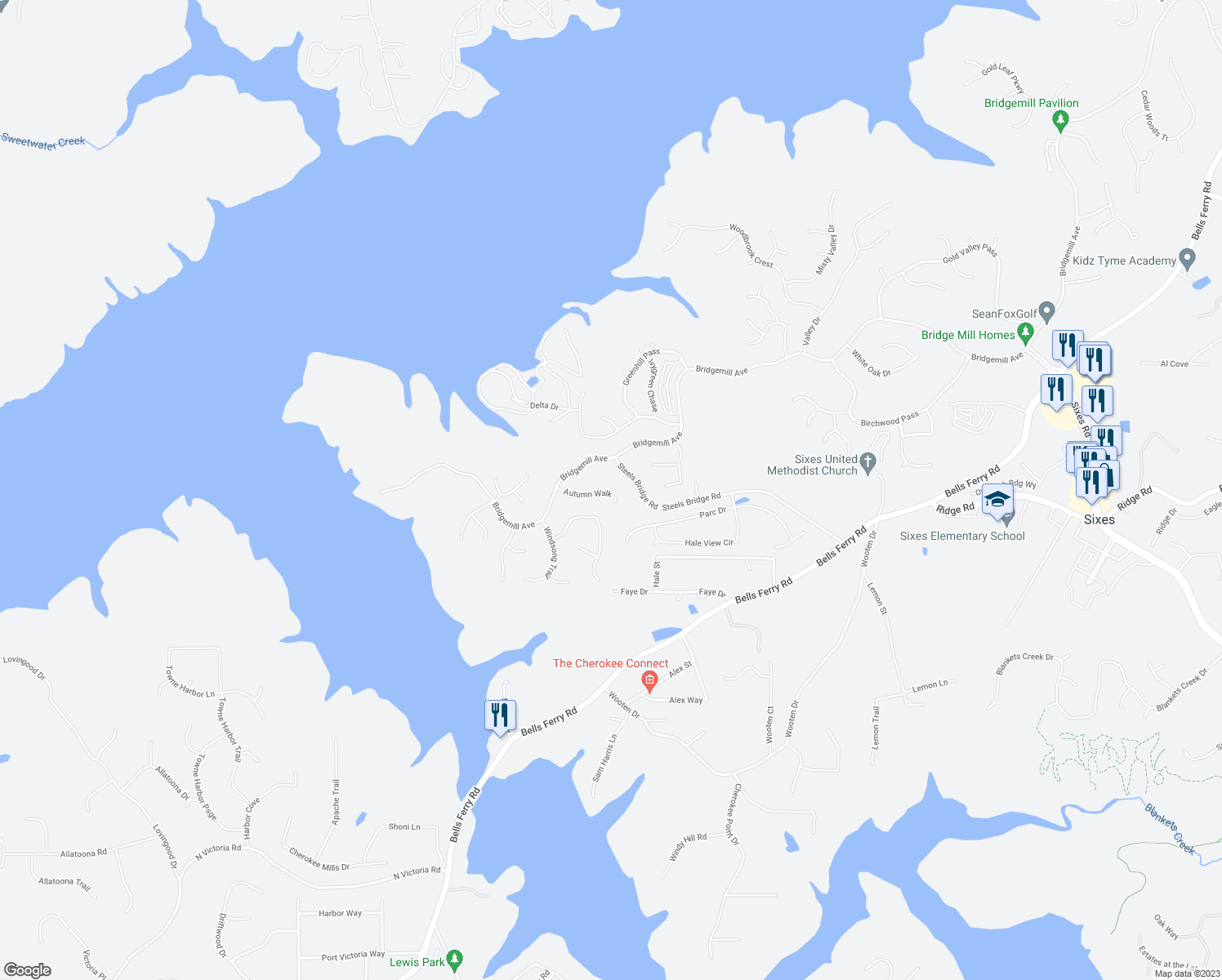 map of restaurants, bars, coffee shops, grocery stores, and more near 521 Autumn Walk in Canton