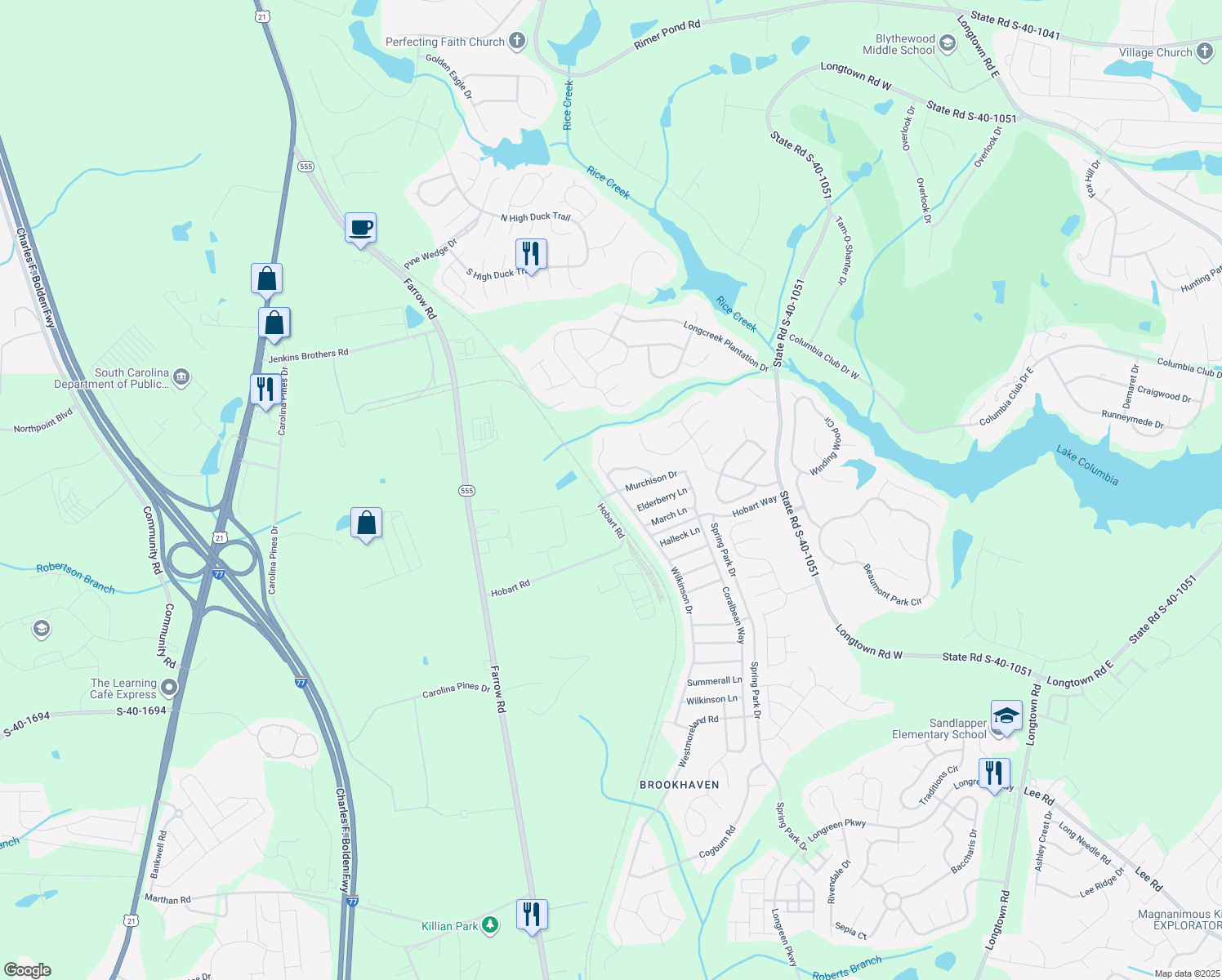 map of restaurants, bars, coffee shops, grocery stores, and more near 2259 Wilkinson Drive in Columbia