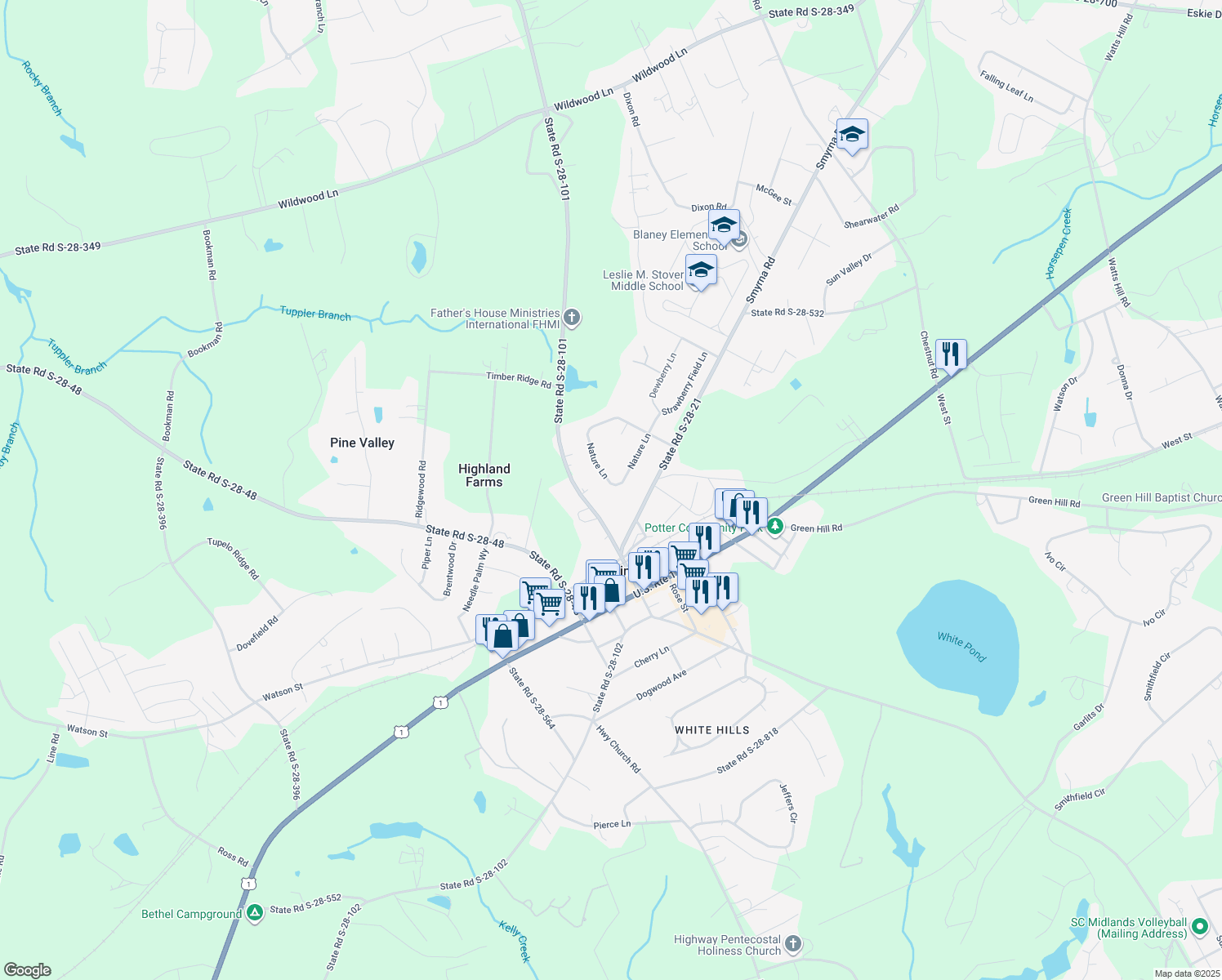 map of restaurants, bars, coffee shops, grocery stores, and more near 94 Nature Lane in Elgin