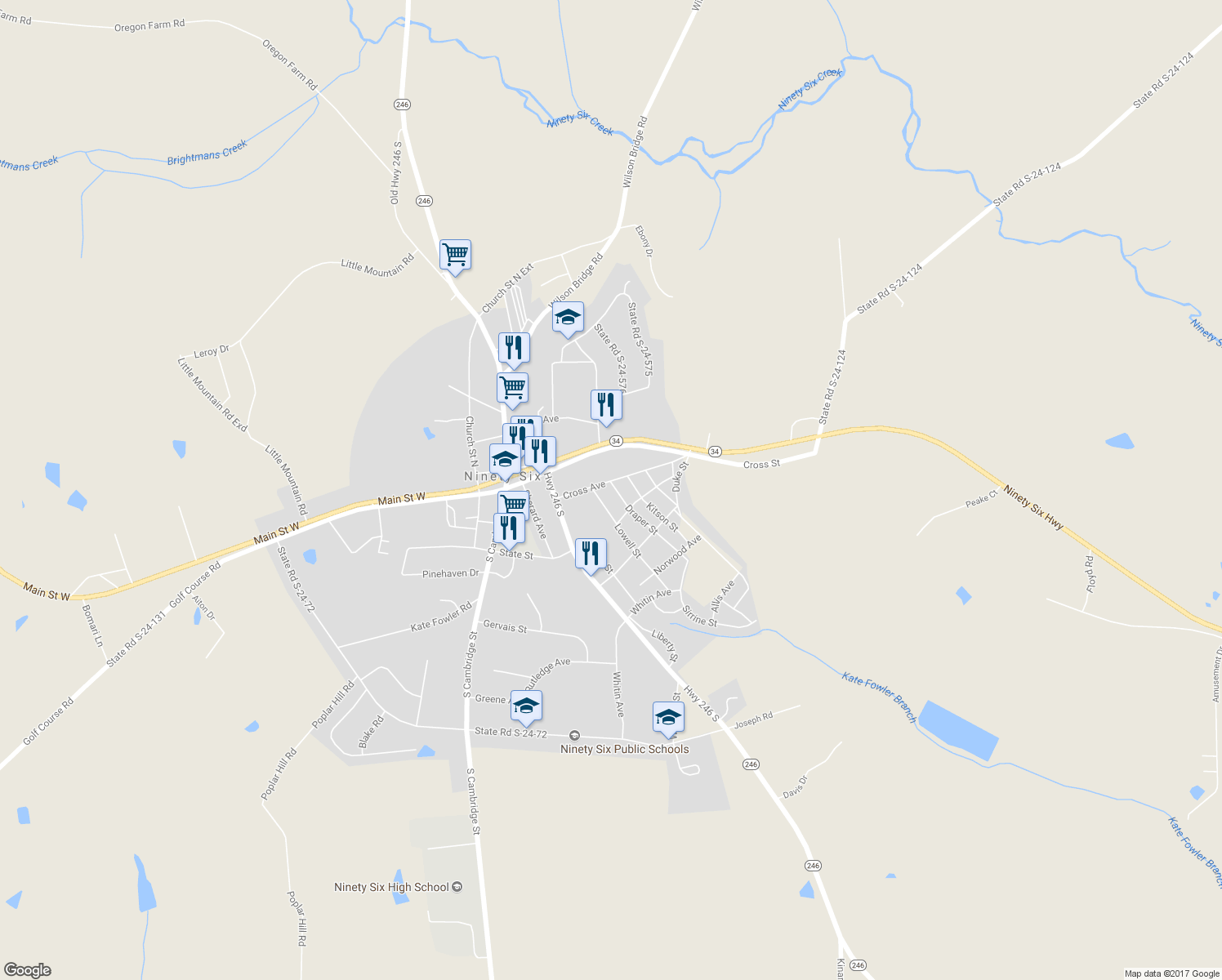 map of restaurants, bars, coffee shops, grocery stores, and more near 90 Draper Street in Ninety Six