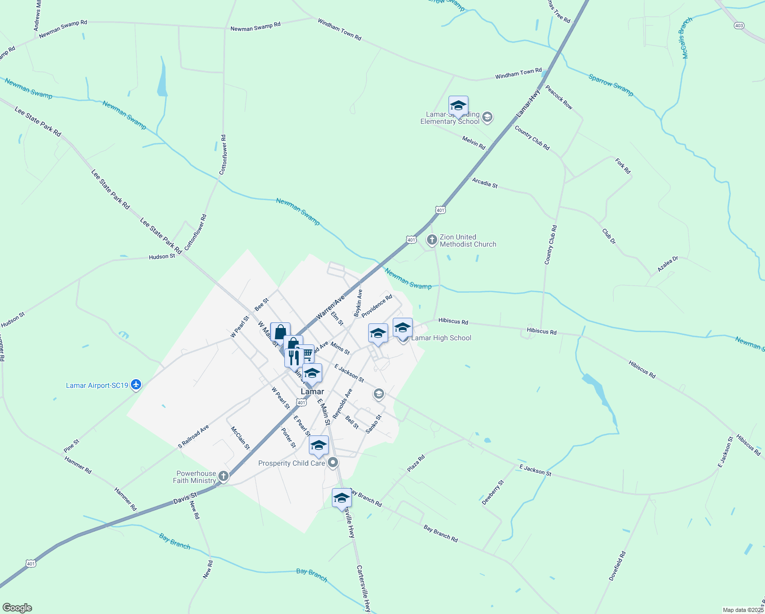 map of restaurants, bars, coffee shops, grocery stores, and more near 106 Providence Road in Lamar