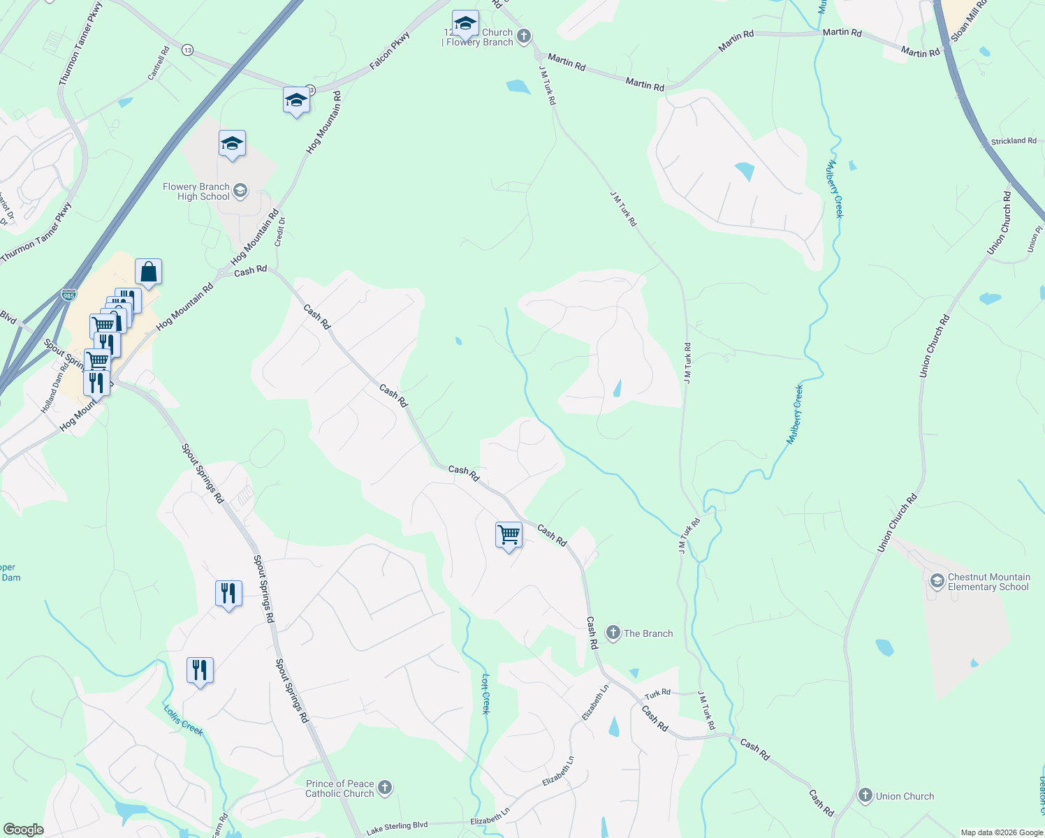 map of restaurants, bars, coffee shops, grocery stores, and more near 5091 Limerick Lane in Flowery Branch