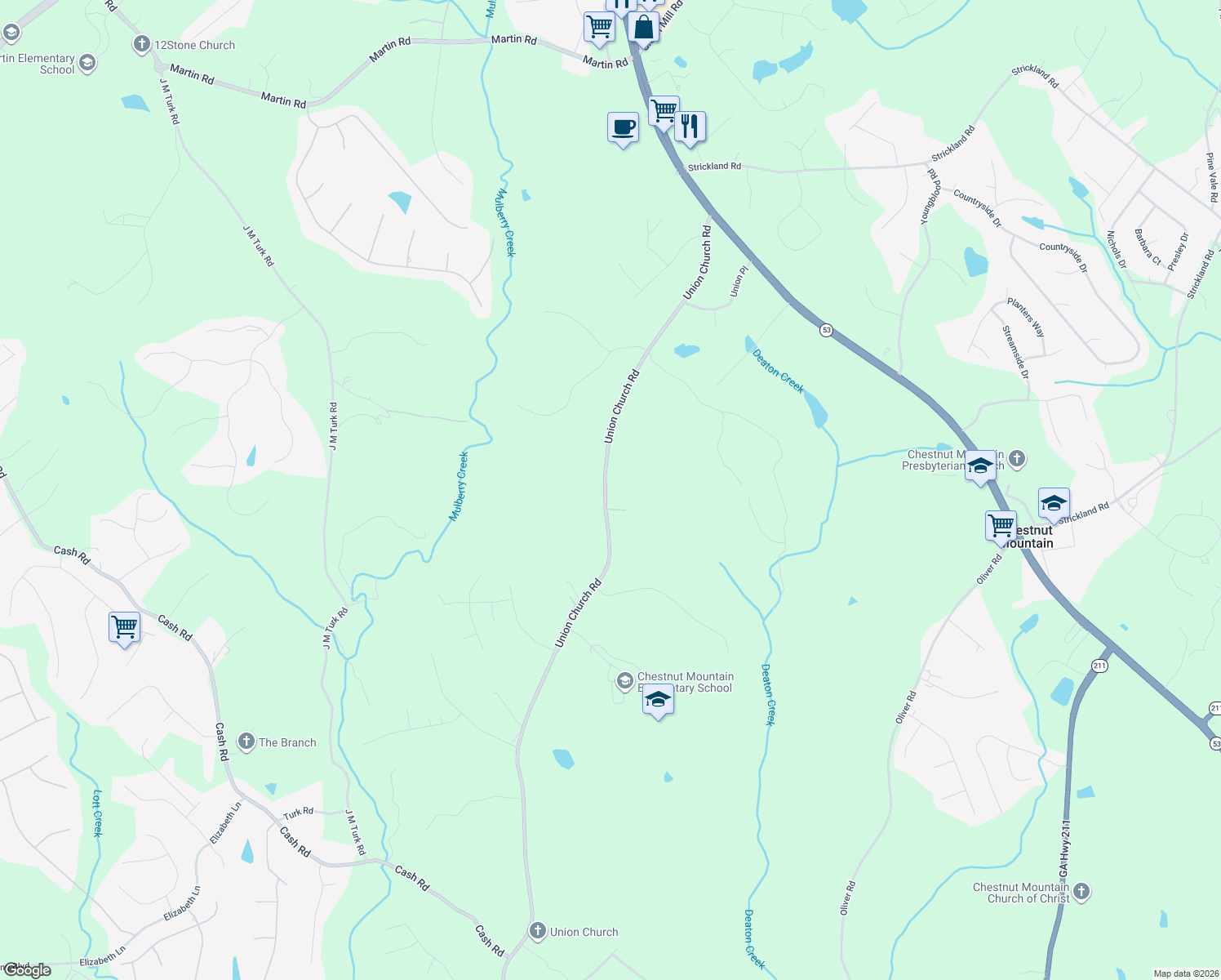 map of restaurants, bars, coffee shops, grocery stores, and more near 4713 Union Church Road in Flowery Branch