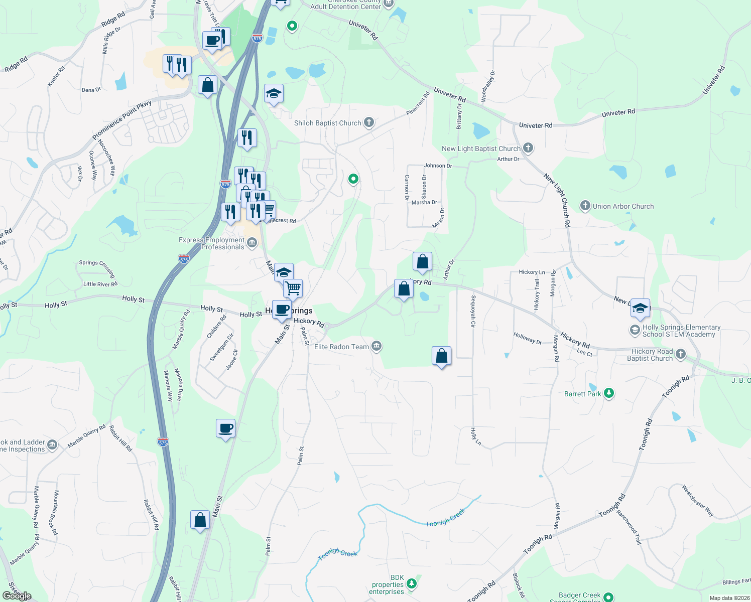 map of restaurants, bars, coffee shops, grocery stores, and more near 102 Redbud Lane in Canton