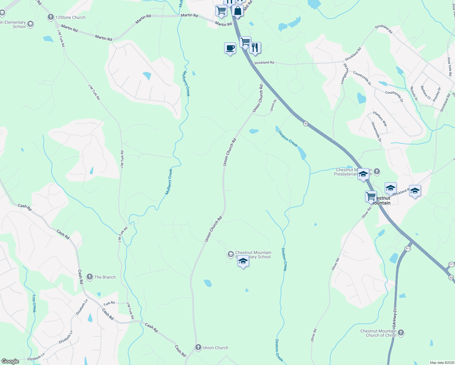 map of restaurants, bars, coffee shops, grocery stores, and more near 4713 Union Church Road in Flowery Branch