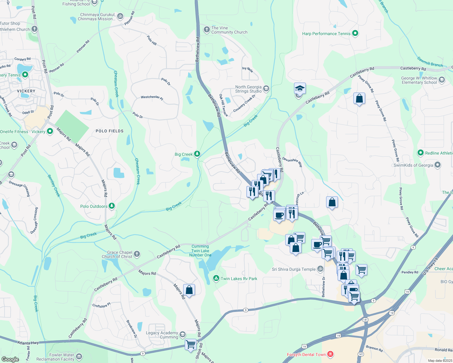 map of restaurants, bars, coffee shops, grocery stores, and more near 6155 Falls Landing Drive in Cumming