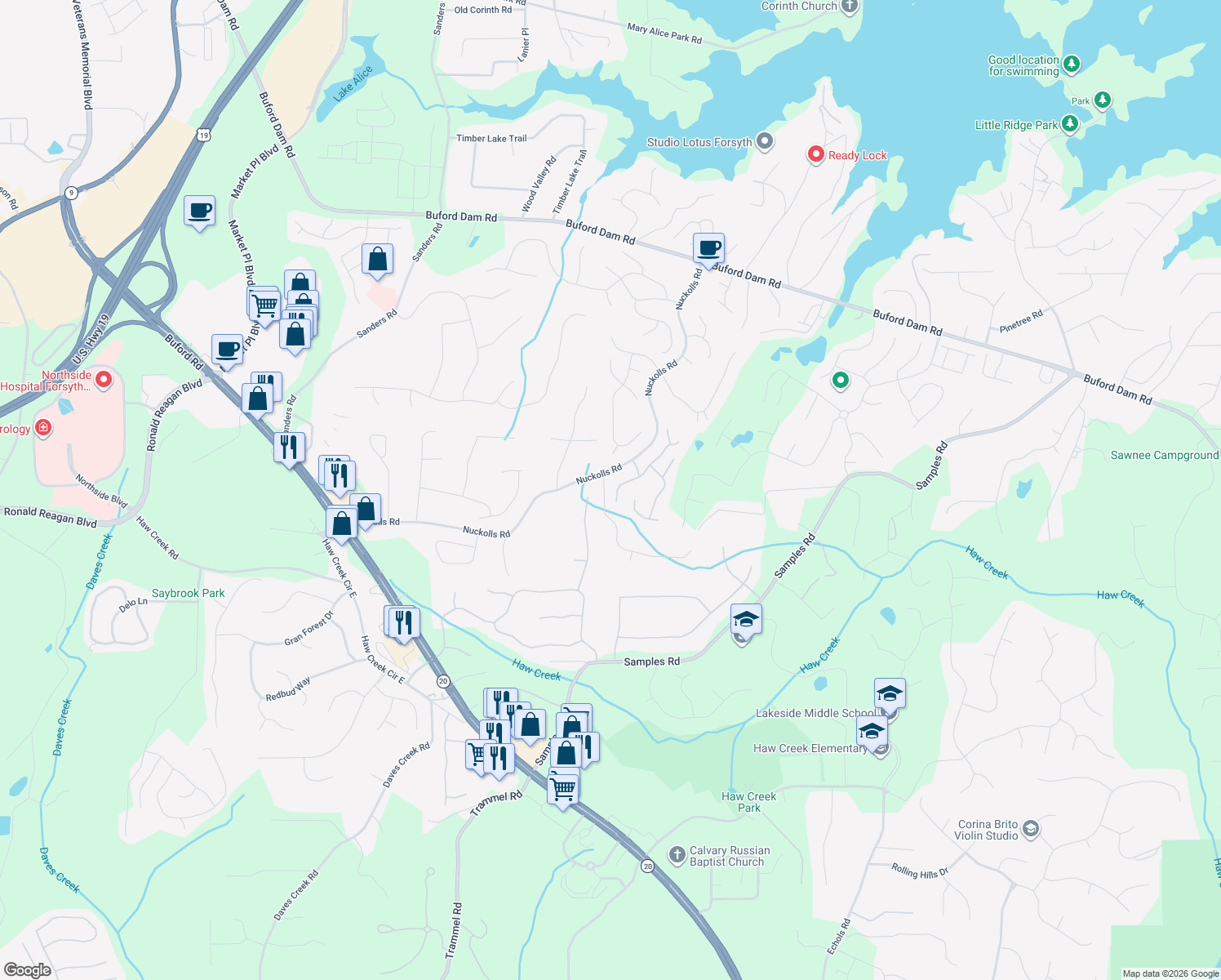 map of restaurants, bars, coffee shops, grocery stores, and more near 3105 Habersham Hills Road in Cumming