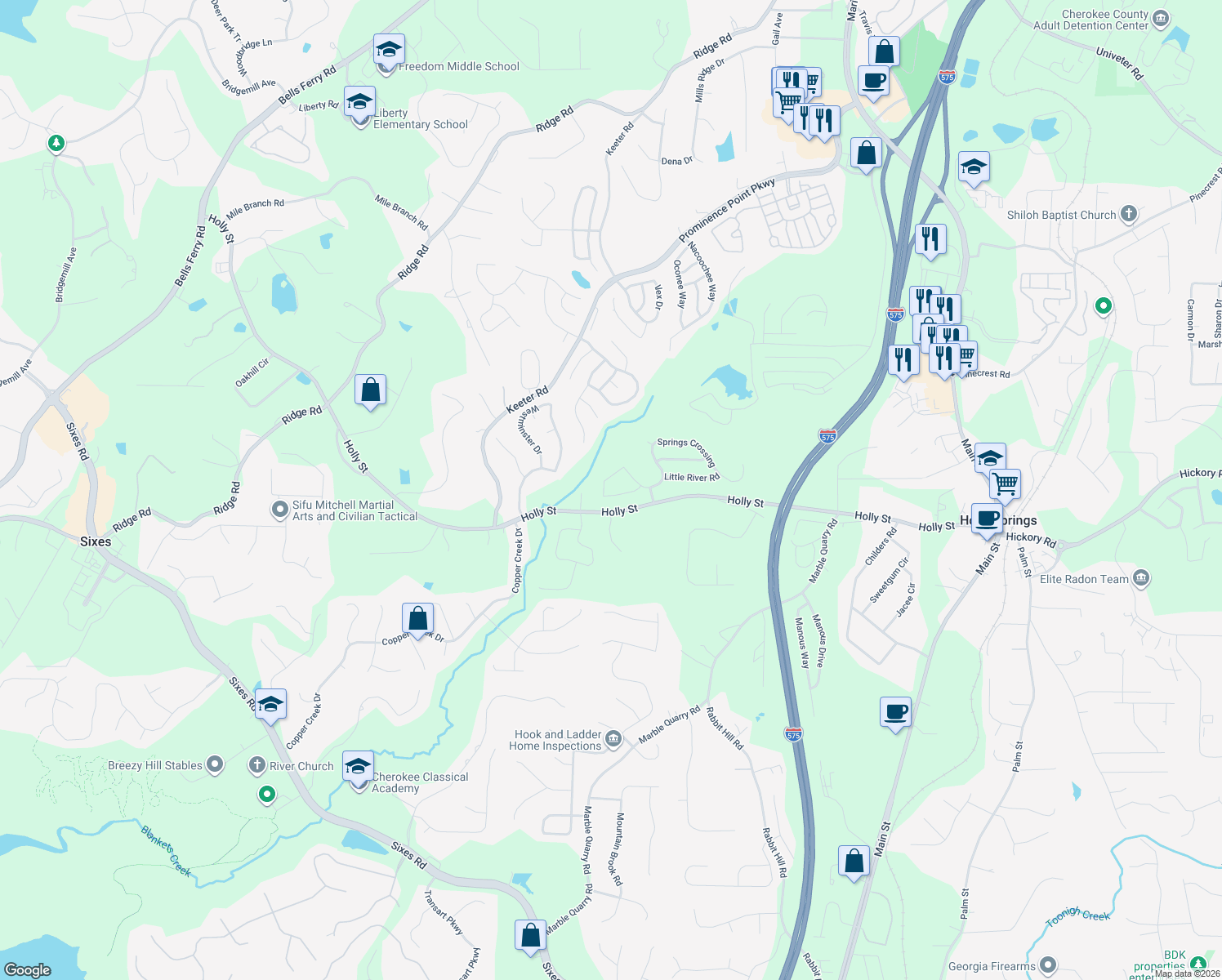 map of restaurants, bars, coffee shops, grocery stores, and more near 214 Springs Crossing in Canton