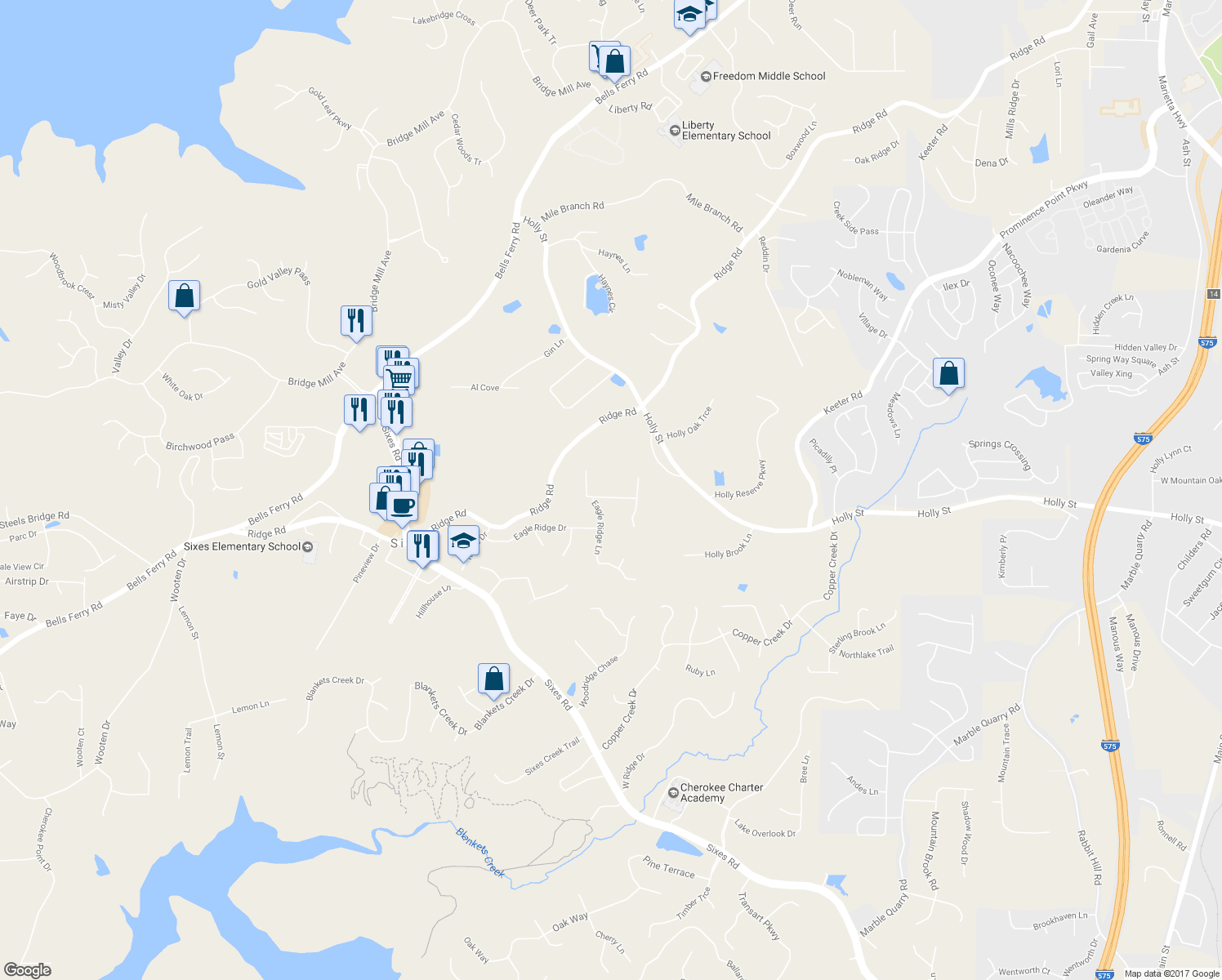 map of restaurants, bars, coffee shops, grocery stores, and more near 408 Eagle Ridge Trail in Canton