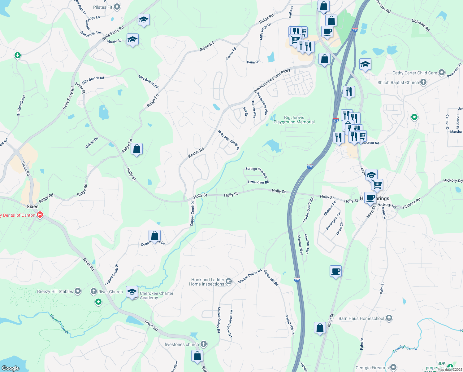 map of restaurants, bars, coffee shops, grocery stores, and more near 208 Springs Crossing in Canton