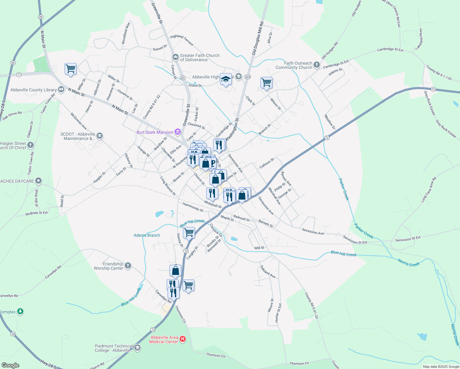 map of restaurants, bars, coffee shops, grocery stores, and more near 698 Poplar St in Abbeville