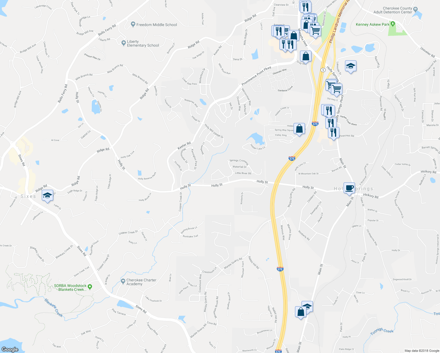 map of restaurants, bars, coffee shops, grocery stores, and more near 204 Springs Crossing in Canton