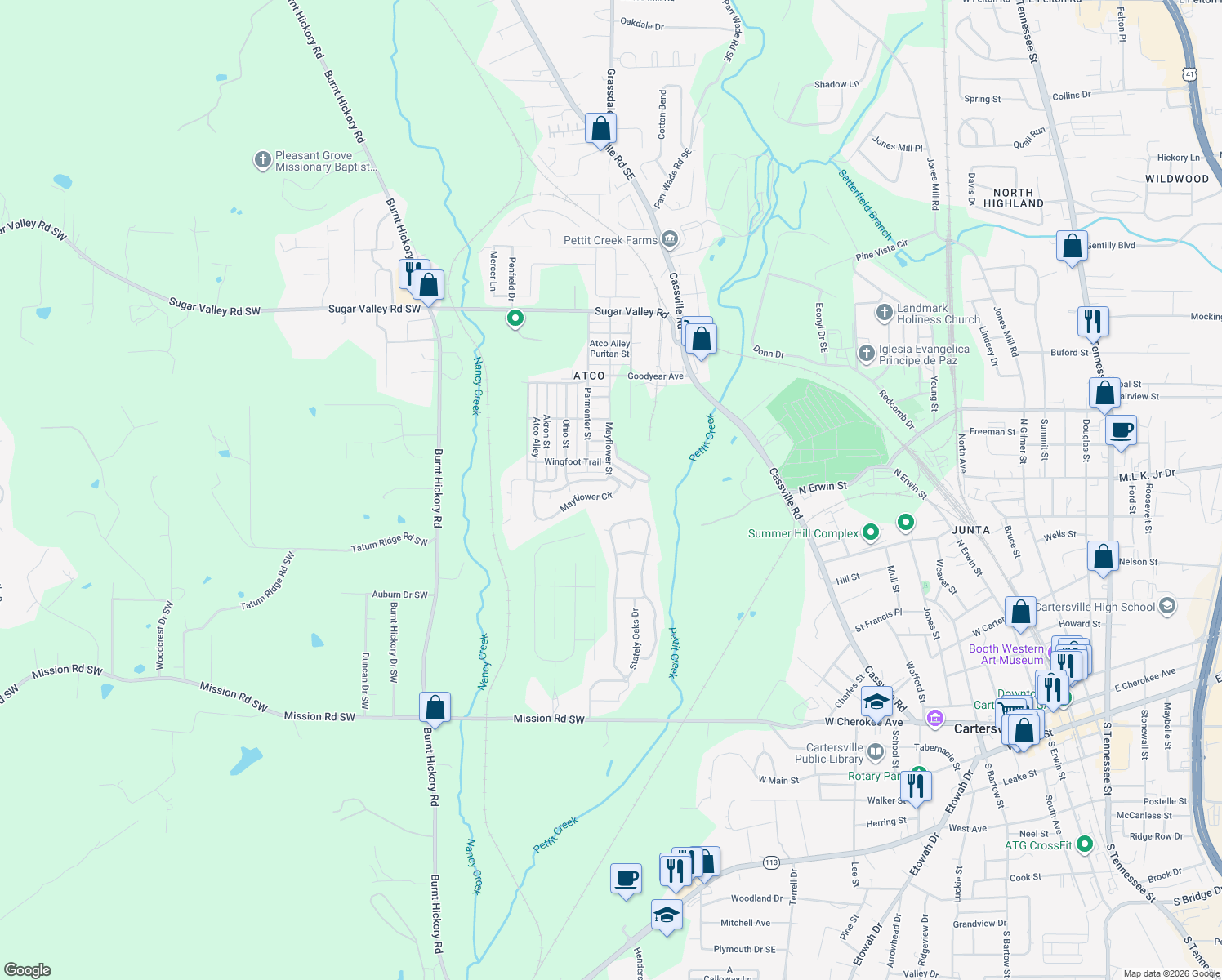 map of restaurants, bars, coffee shops, grocery stores, and more near 164 Mayflower Cir in Cartersville