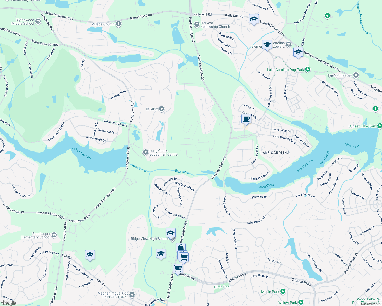 map of restaurants, bars, coffee shops, grocery stores, and more near 242 Sandfarm Trail in Blythewood