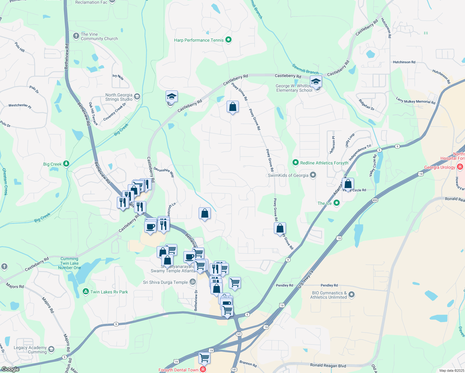 map of restaurants, bars, coffee shops, grocery stores, and more near 5730 Weddington Drive in Cumming
