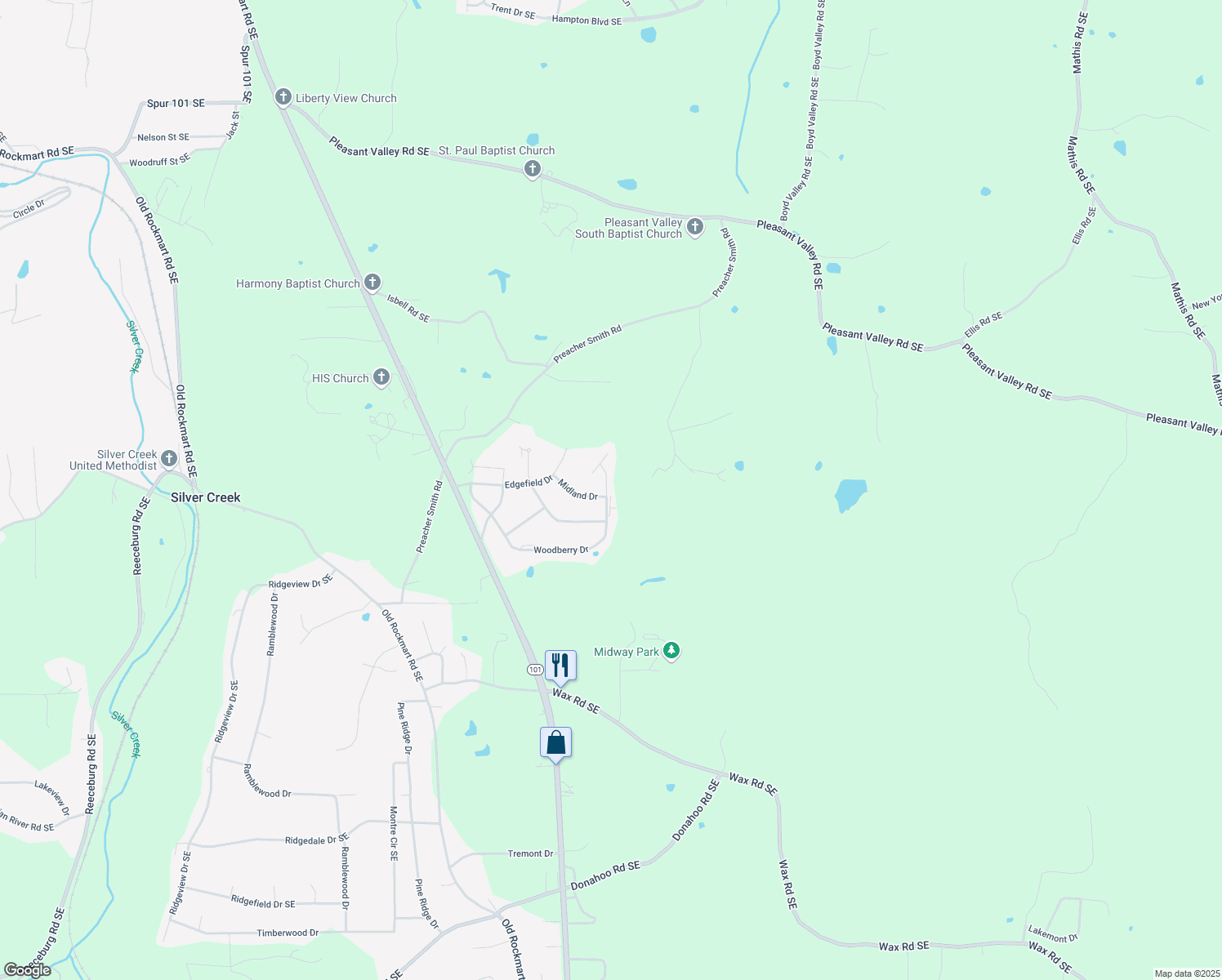 map of restaurants, bars, coffee shops, grocery stores, and more near 52 Woodberry Drive in Silver Creek